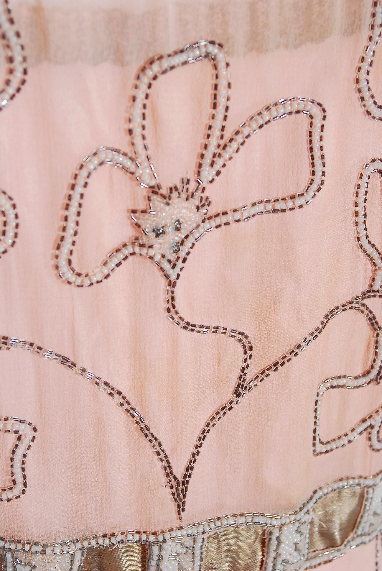 Vintage 1920's Couture Pink Floral Beaded Silk Metallic Gold Lamé Flapper Dress 1