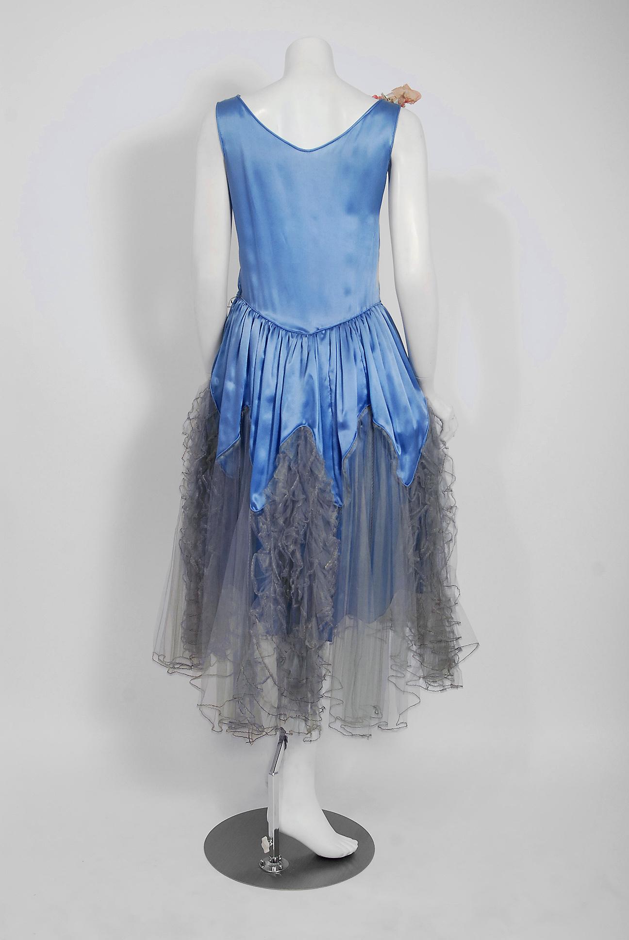 1920's French Blue Satin & Tulle Rose Applique Robe De Style Flapper Deco Dress 2