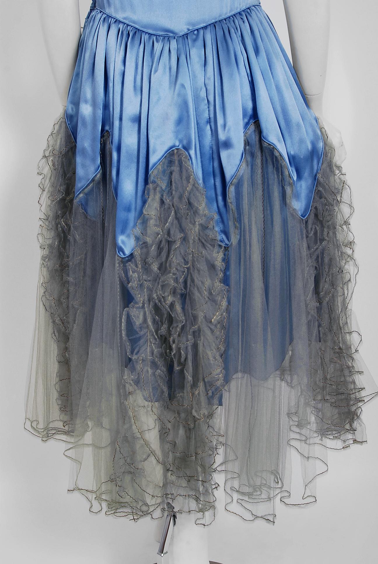 1920's French Blue Satin & Tulle Rose Applique Robe De Style Flapper Deco Dress 3