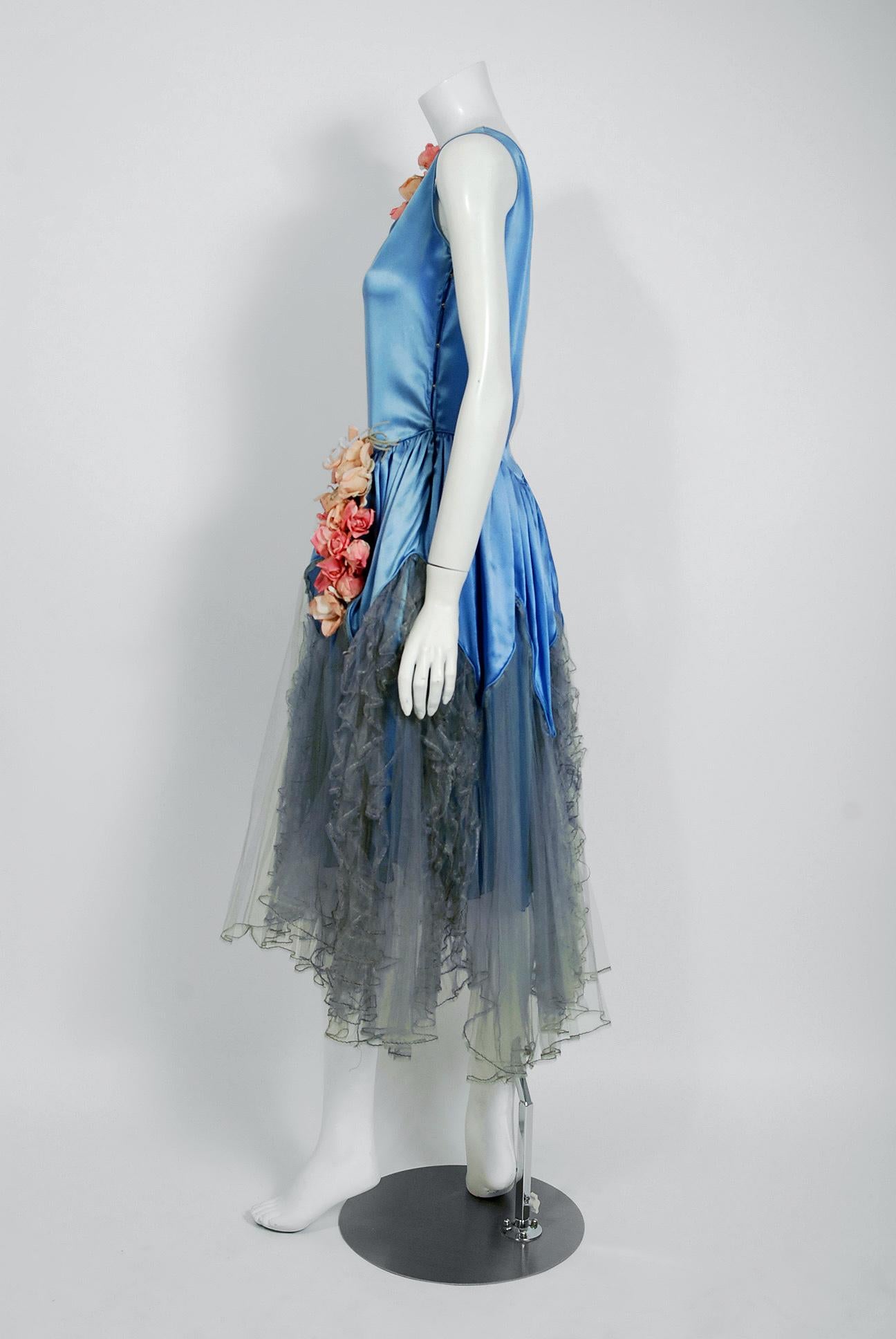 1920's French Blue Satin & Tulle Rose Applique Robe De Style Flapper Deco Dress 1