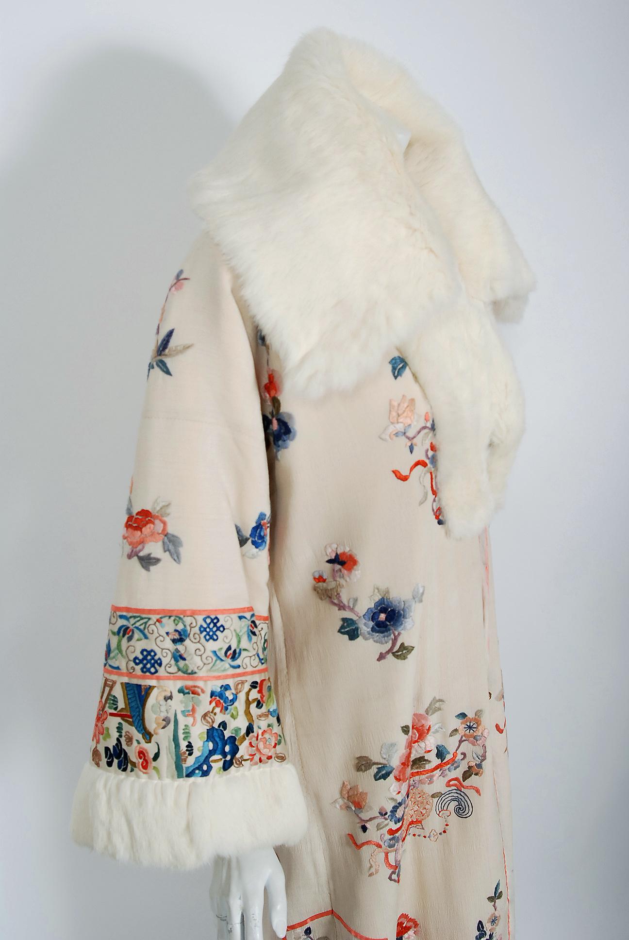 Beige 1920's Reversible Chinese Embroidered Ivory Silk Crepe Rabbit Fur Couture Coat