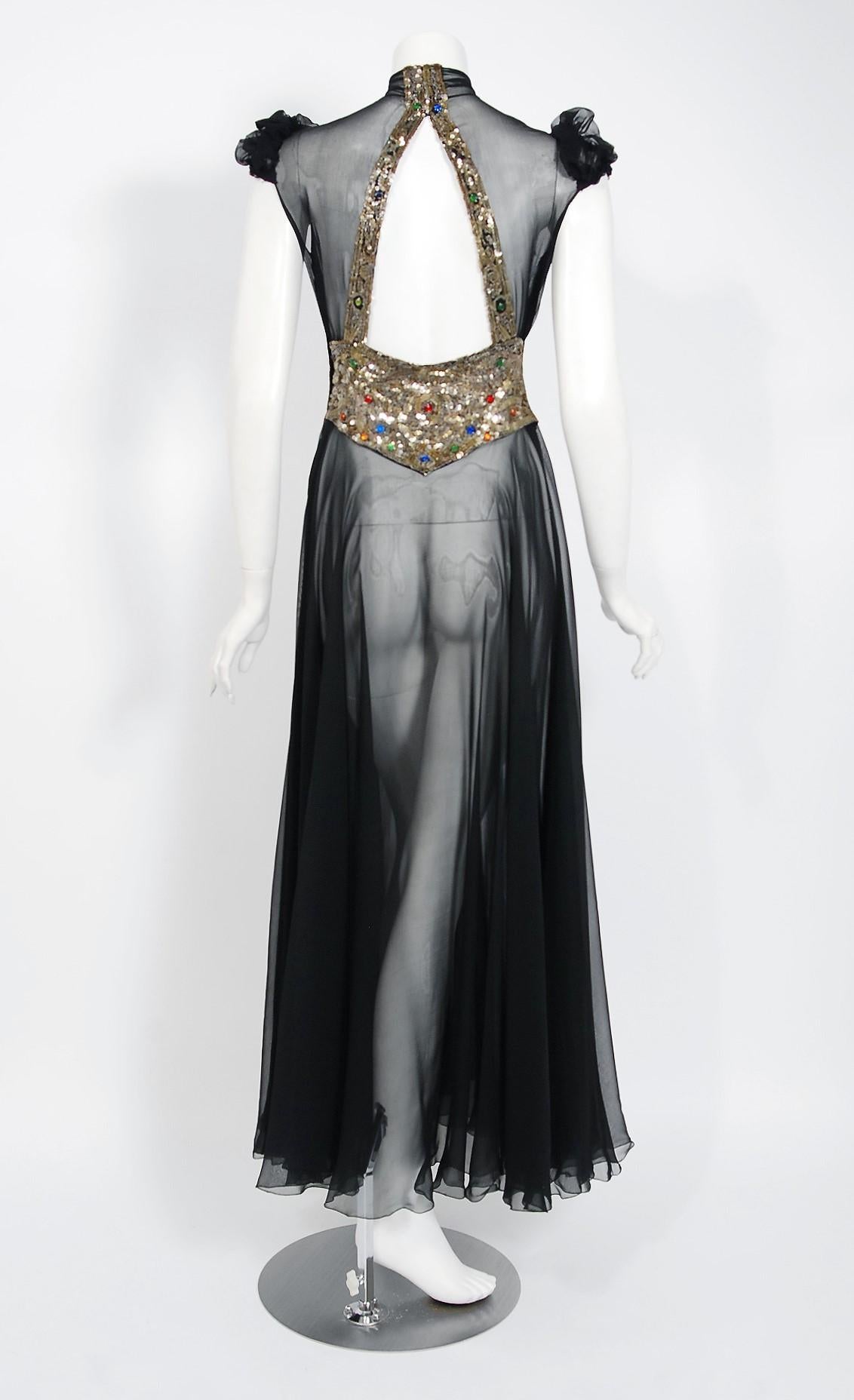 1930's Couture Black Sequin Silk-Chiffon Puff Sleeve Backless Bias-Cut Deco Gown 2