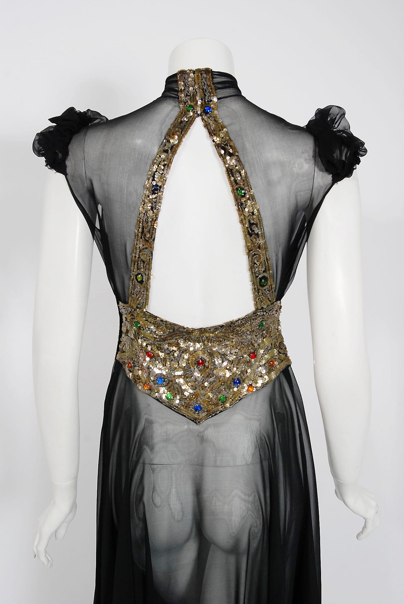 1930's Couture Black Sequin Silk-Chiffon Puff Sleeve Backless Bias-Cut Deco Gown 3