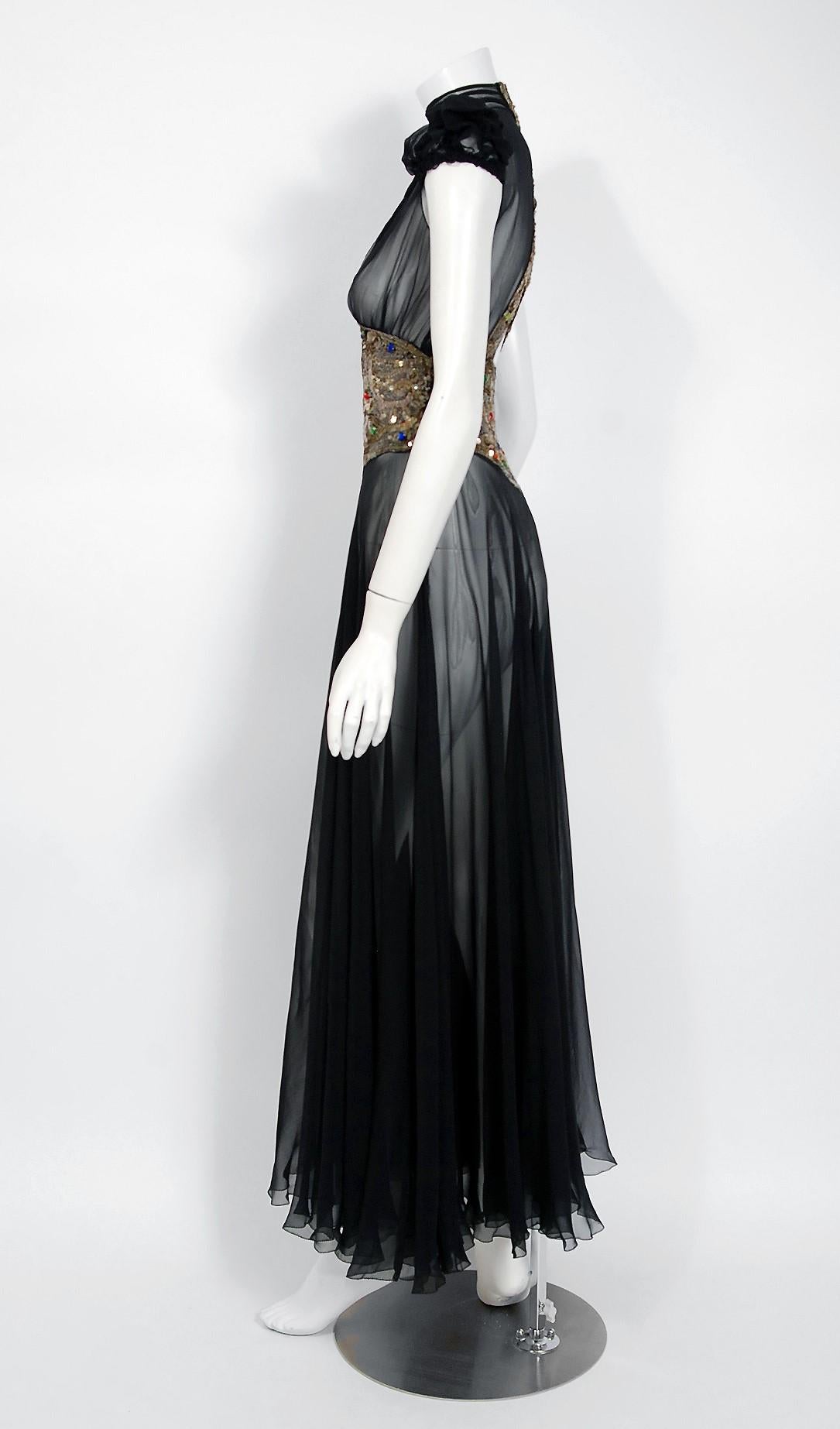 1930's Couture Black Sequin Silk-Chiffon Puff Sleeve Backless Bias-Cut Deco Gown 1