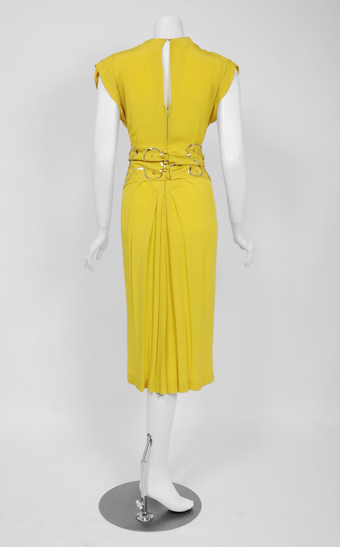 1940's Lilli Diamond Chartreuse Yellow Silk Sequin Star Cut-Out Cocktail Dress  1