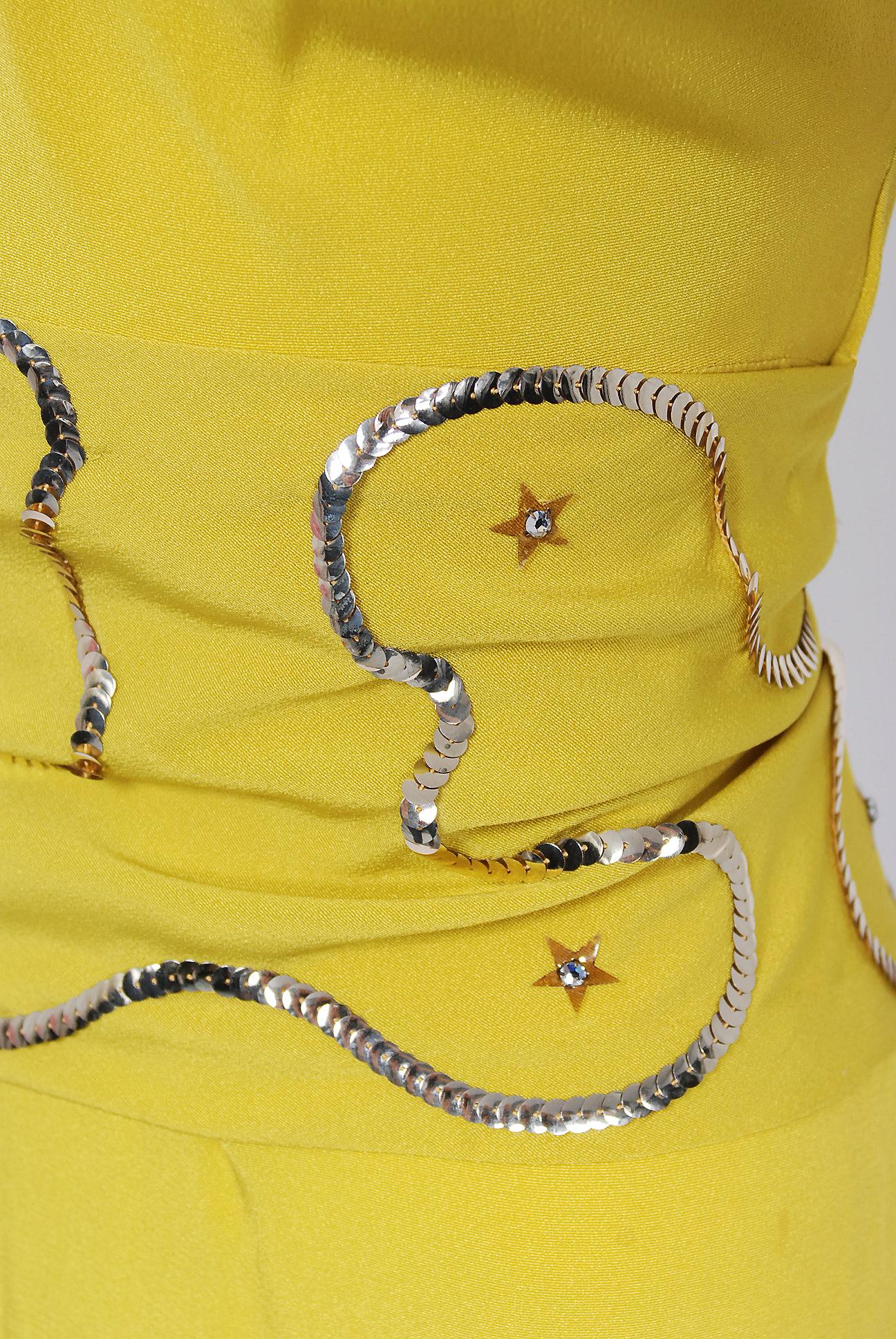 Women's 1940's Lilli Diamond Chartreuse Yellow Silk Sequin Star Cut-Out Cocktail Dress 