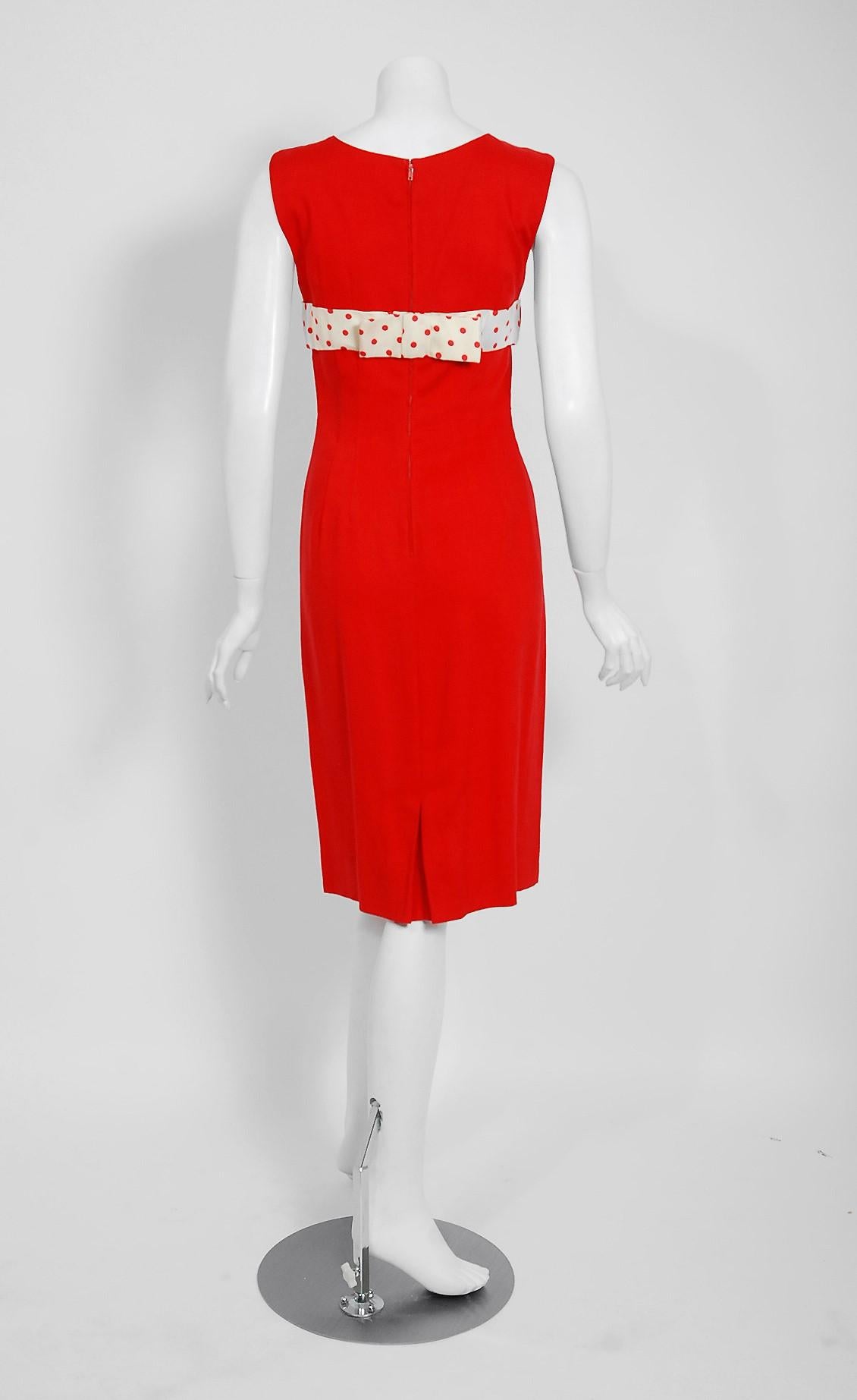 Vintage 1950's Oleg Cassini Red Linen and Polka-Dot Silk Cut Out Hourglass Dress In Good Condition In Beverly Hills, CA