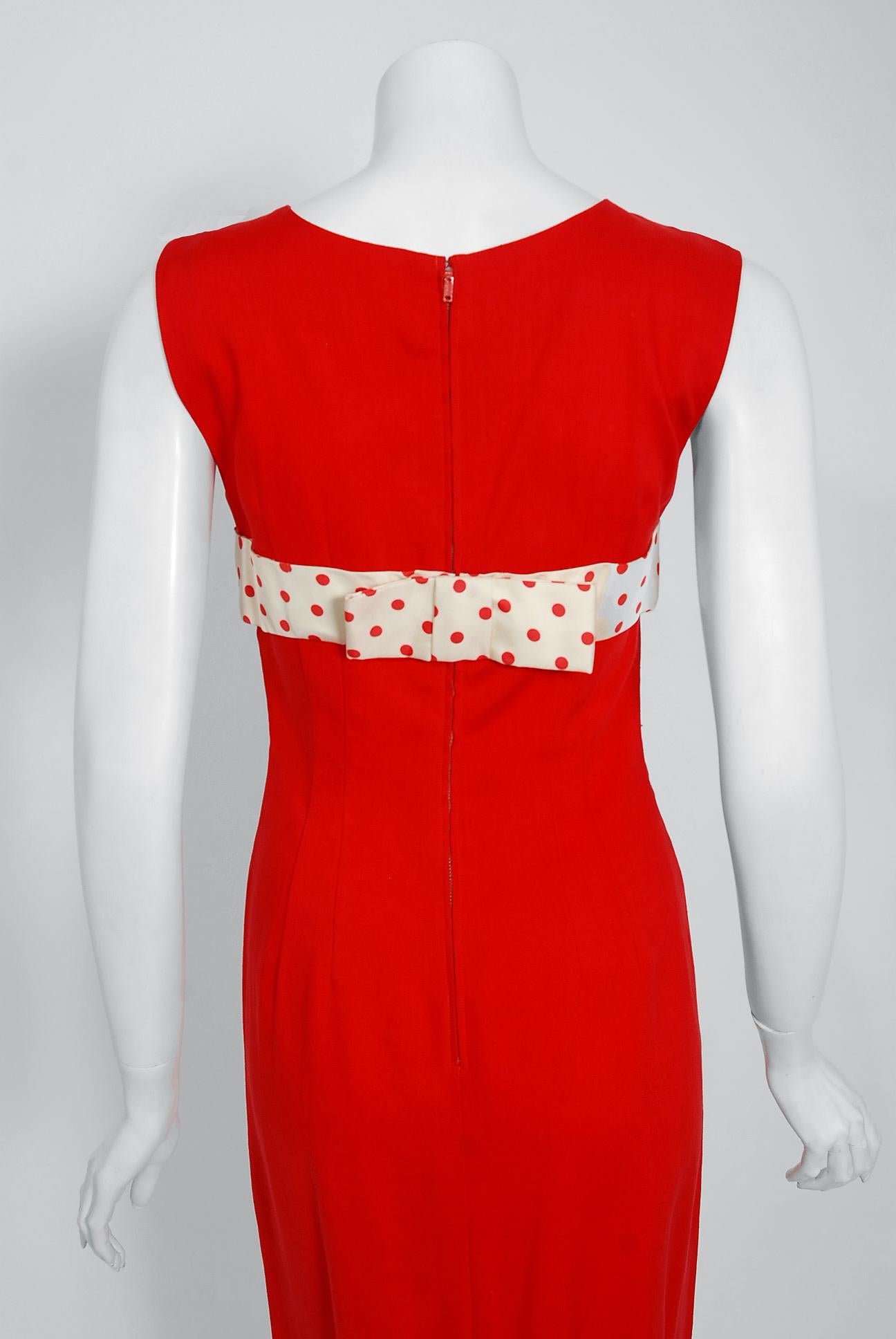 Women's Vintage 1950's Oleg Cassini Red Linen and Polka-Dot Silk Cut Out Hourglass Dress