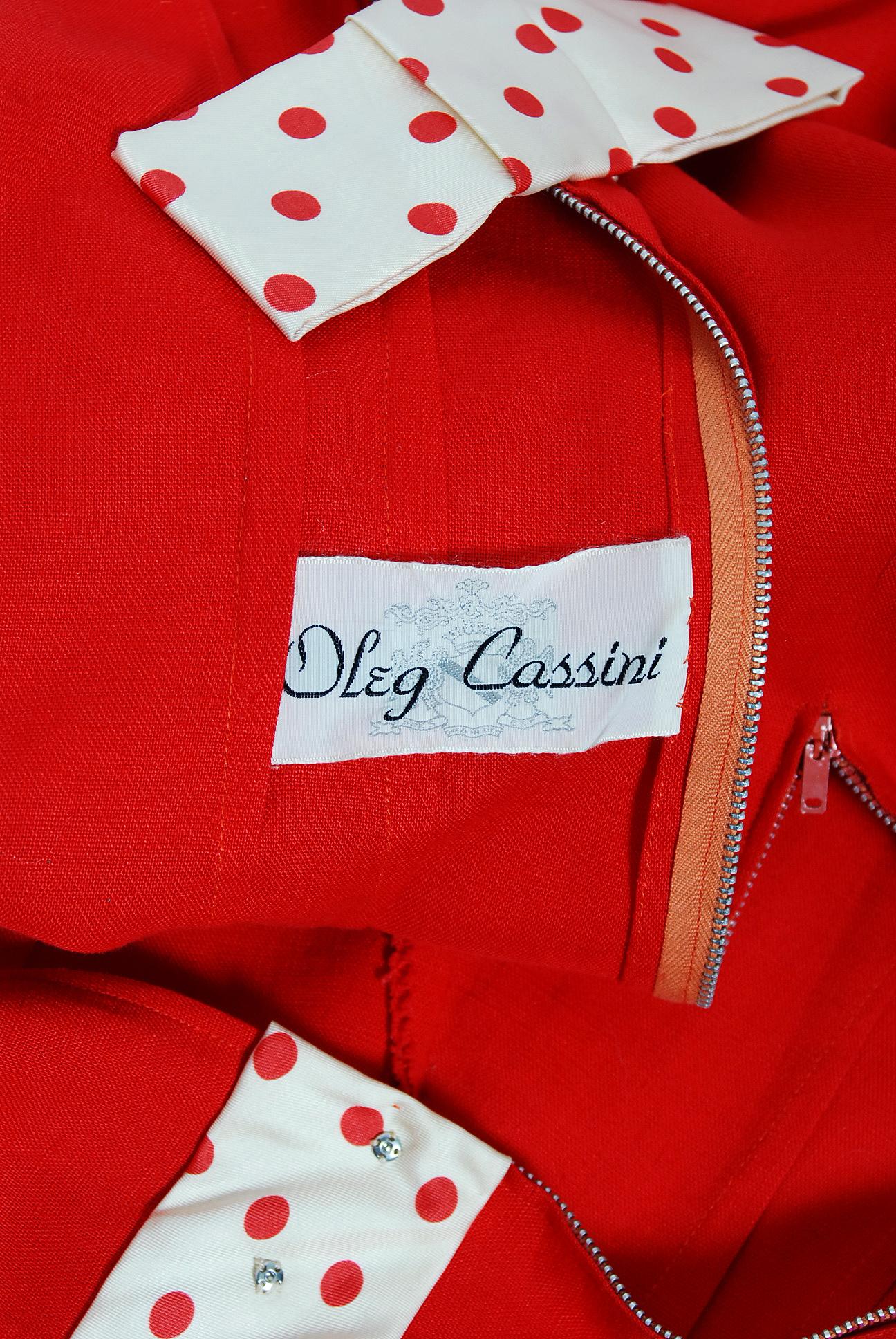 Vintage 1950's Oleg Cassini Red Linen and Polka-Dot Silk Cut Out Hourglass Dress 1