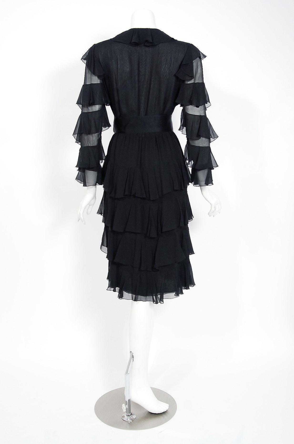 1973 Bill Blass Couture Black Tiered Ruffle Silk-Chiffon Plunge Cocktail Dress 2