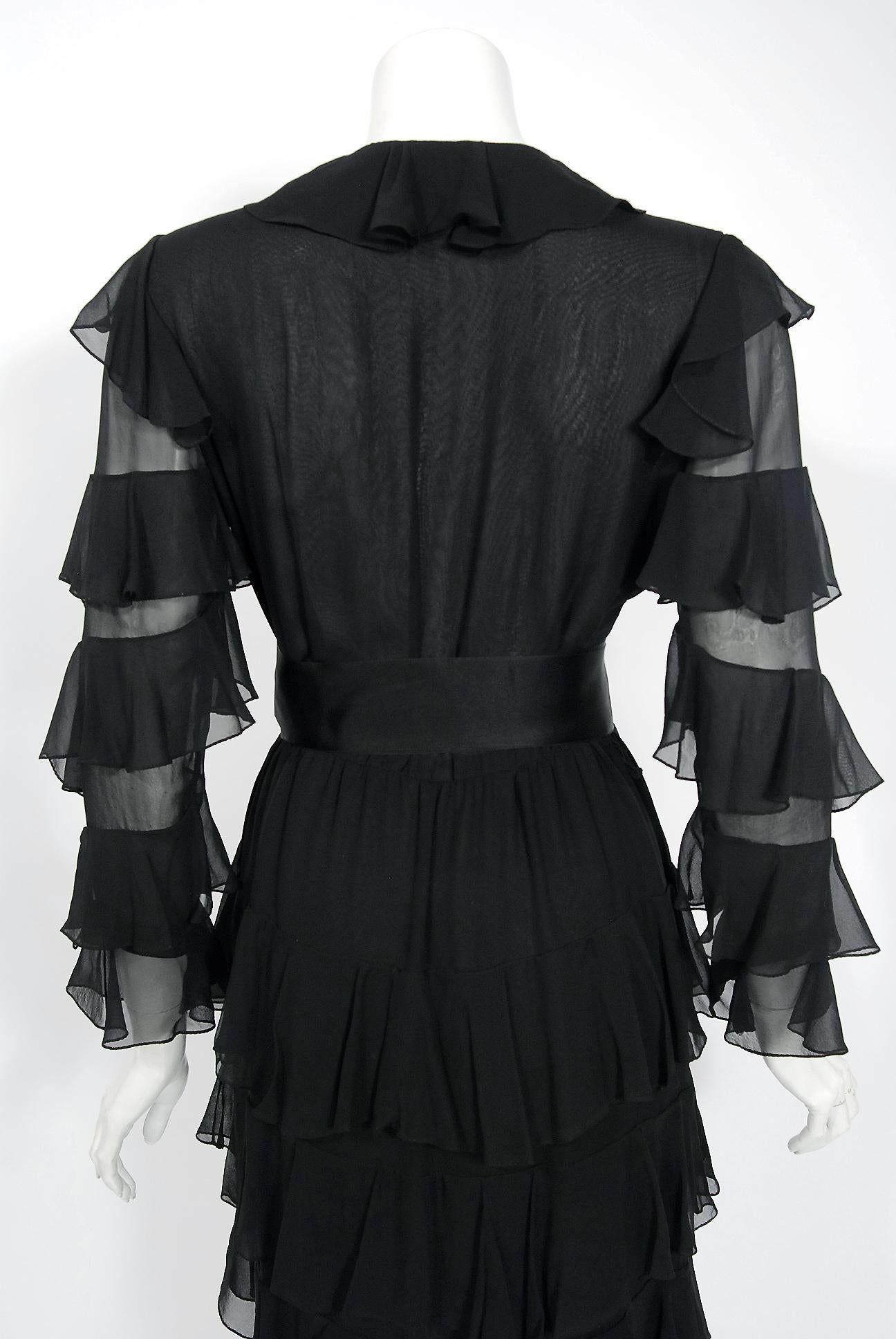 1973 Bill Blass Couture Black Tiered Ruffle Silk-Chiffon Plunge Cocktail Dress 3