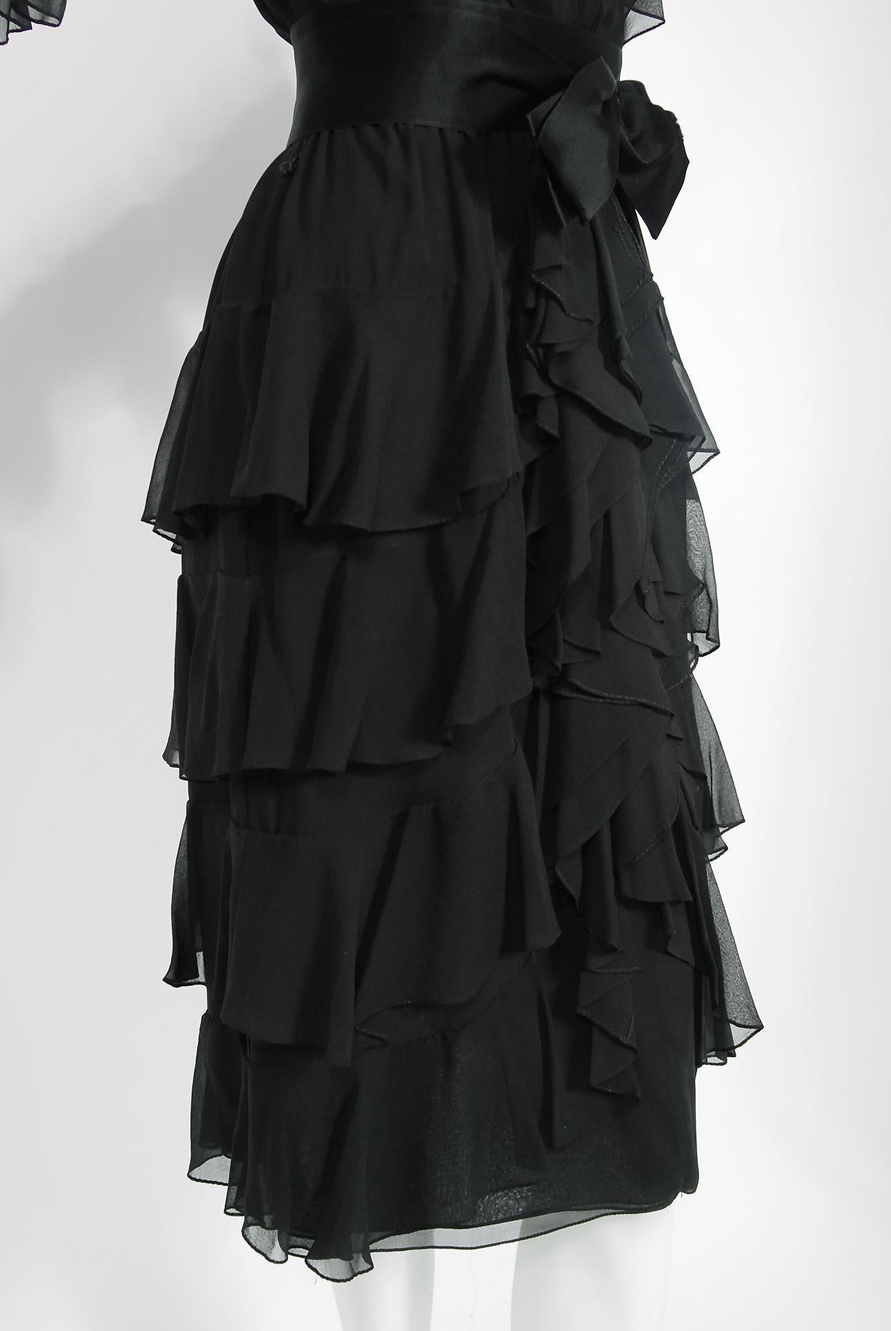 1973 Bill Blass Couture Black Tiered Ruffle Silk-Chiffon Plunge Cocktail Dress 1