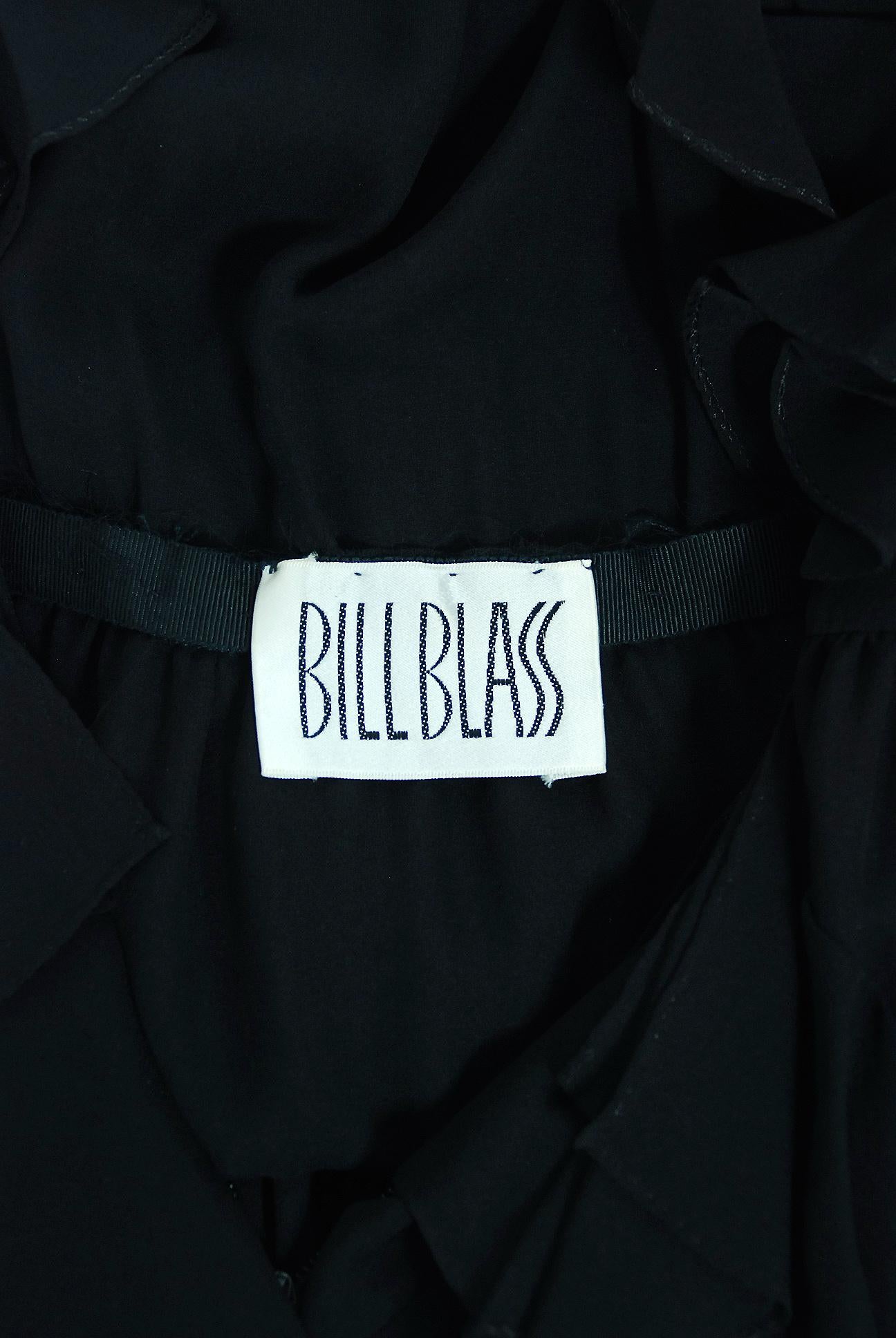 1973 Bill Blass Couture Black Tiered Ruffle Silk-Chiffon Plunge Cocktail Dress 4