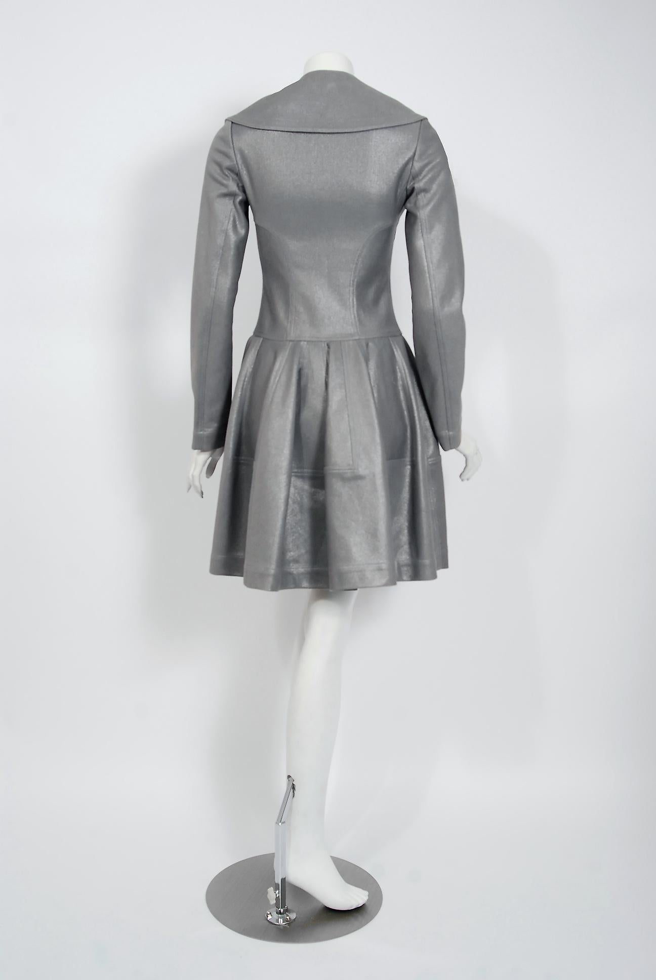 Women's Azzedine Alaia Metallic Silver Cotton Double Breasted Princess Coat Jacket, 2005
