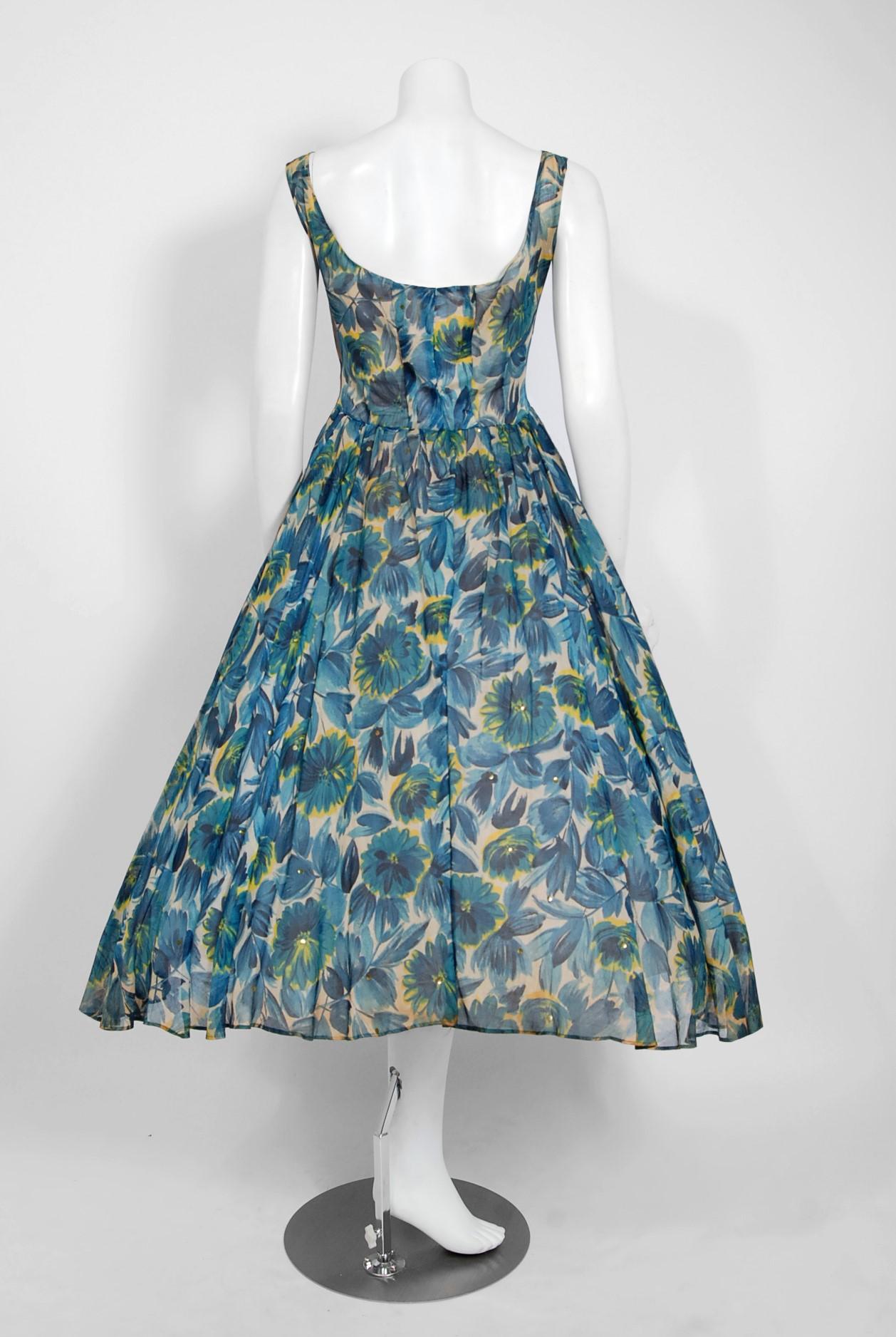 1950's Will Steinman Sequin Blue Floral Silk-Organza & Ruffle Tulle Party Dress 1