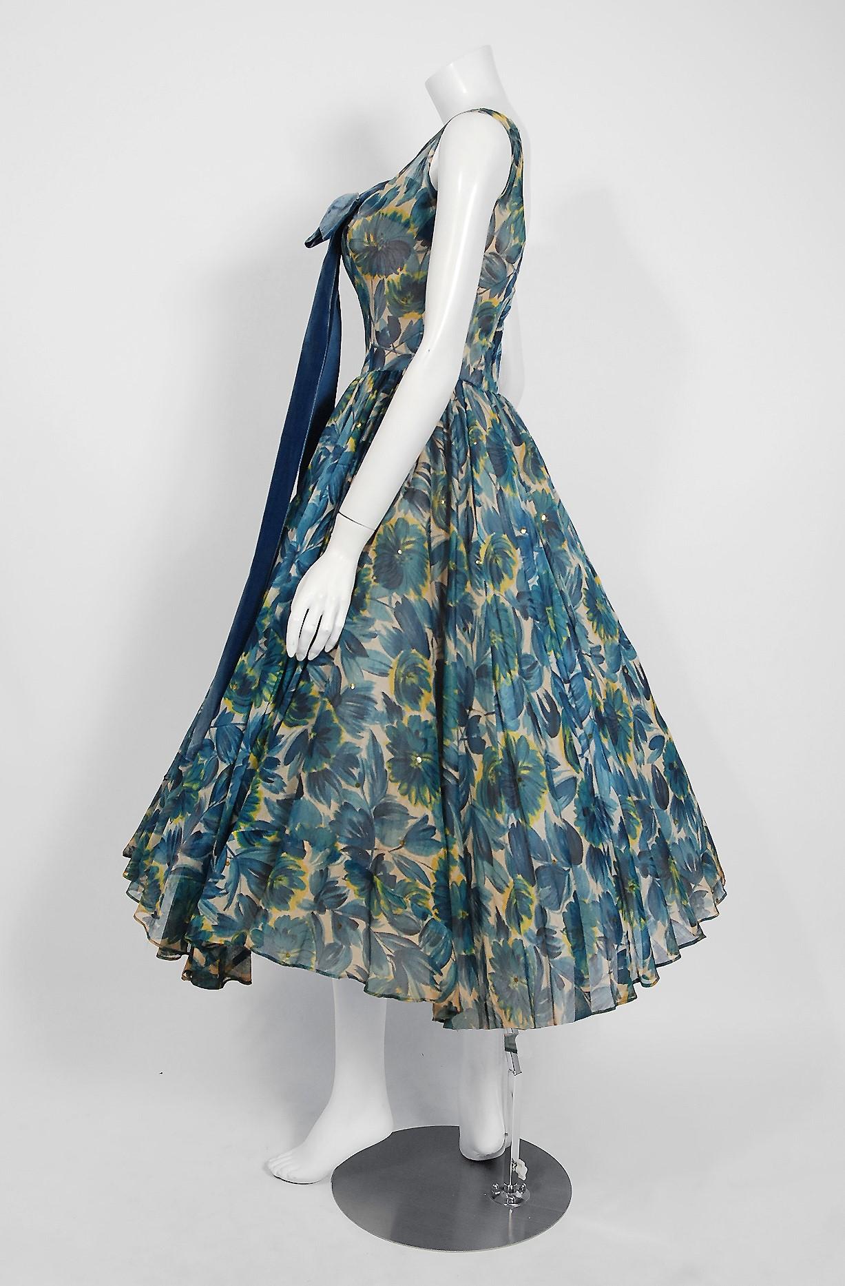 Women's 1950's Will Steinman Sequin Blue Floral Silk-Organza & Ruffle Tulle Party Dress