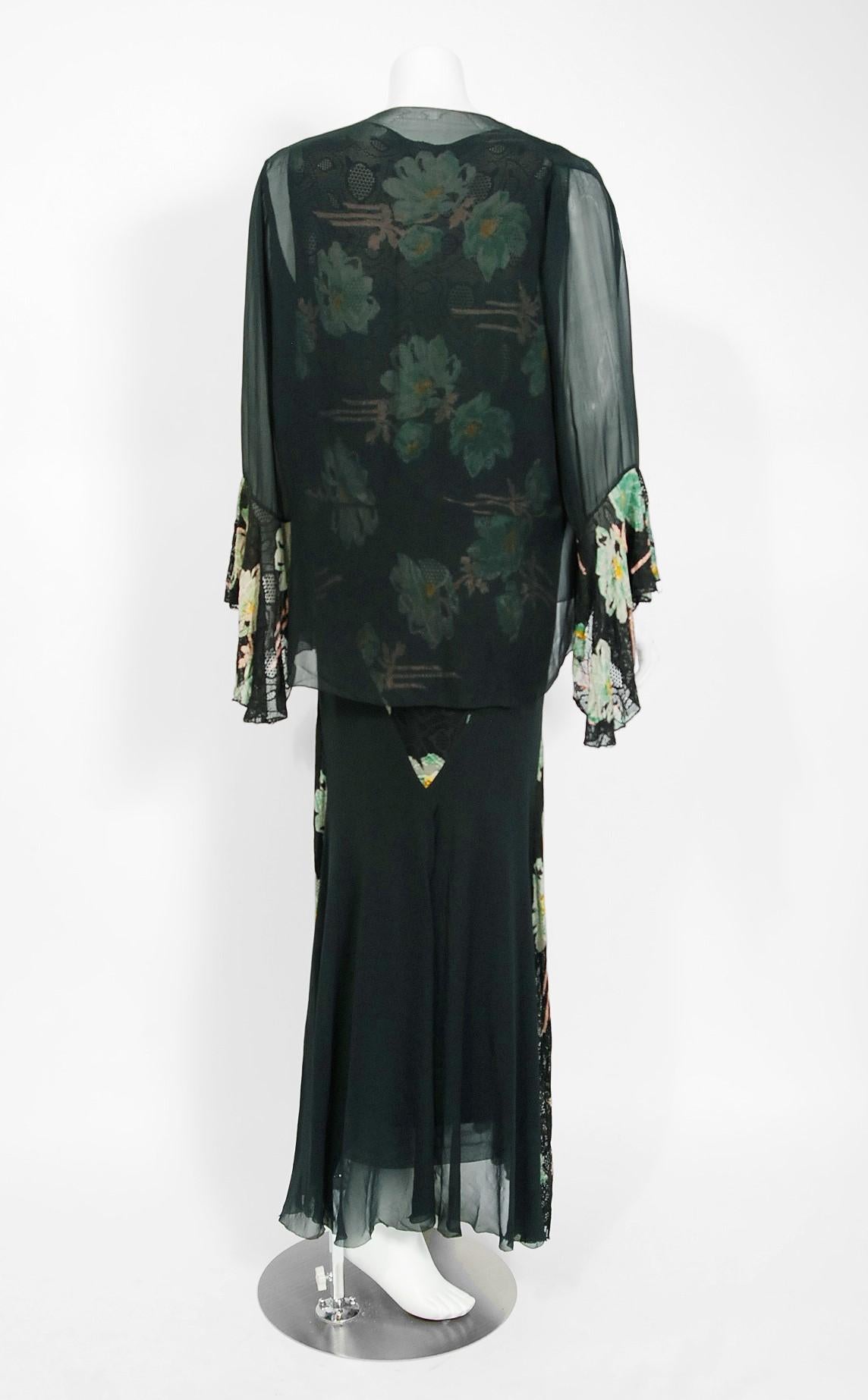 Vintage 1930's Green Black Floral Sheer Lace & Chiffon Bias-Cut Gown w/ Jacket In Good Condition In Beverly Hills, CA