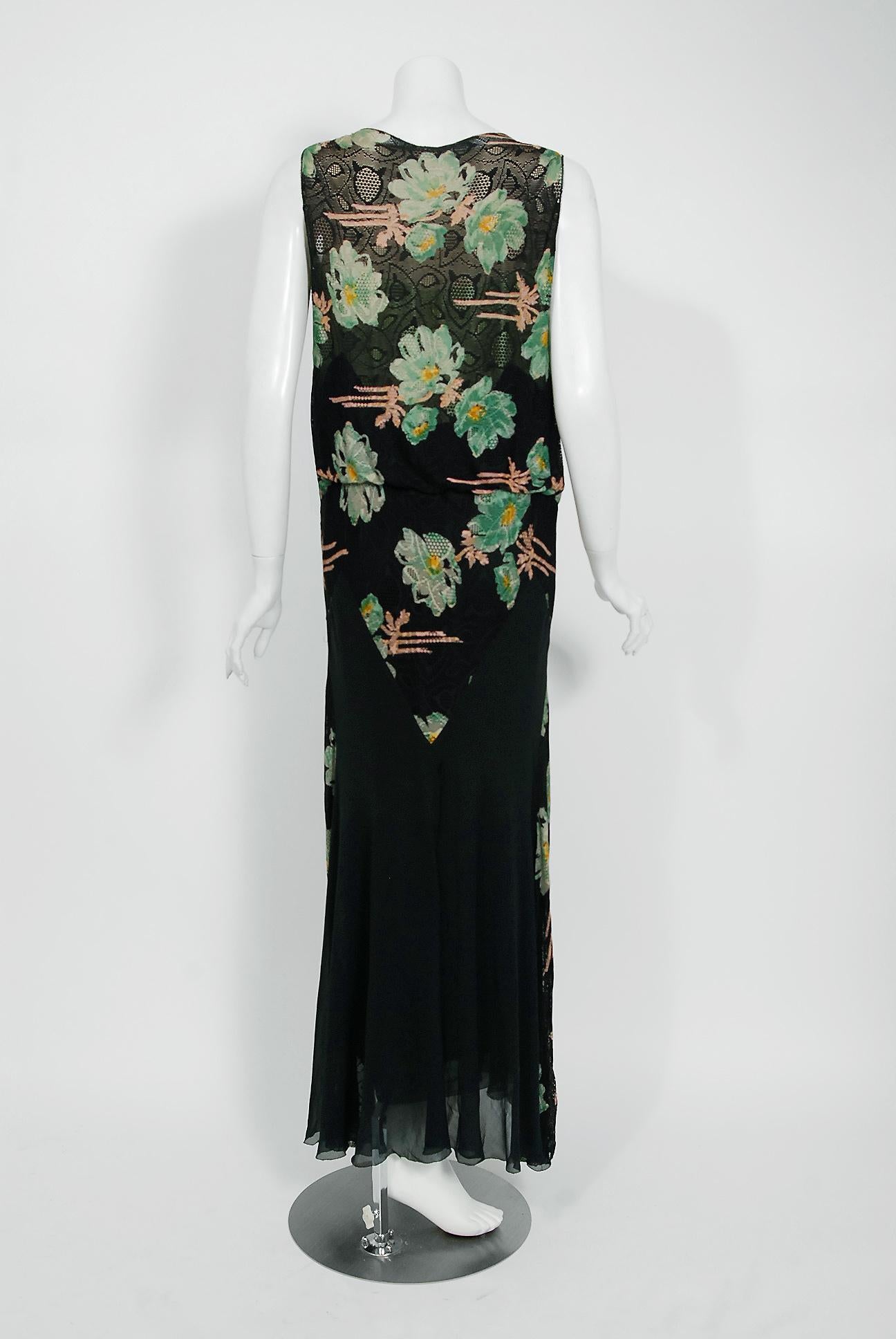 Vintage 1930's Green Black Floral Sheer Lace & Chiffon Bias-Cut Gown w/ Jacket 3