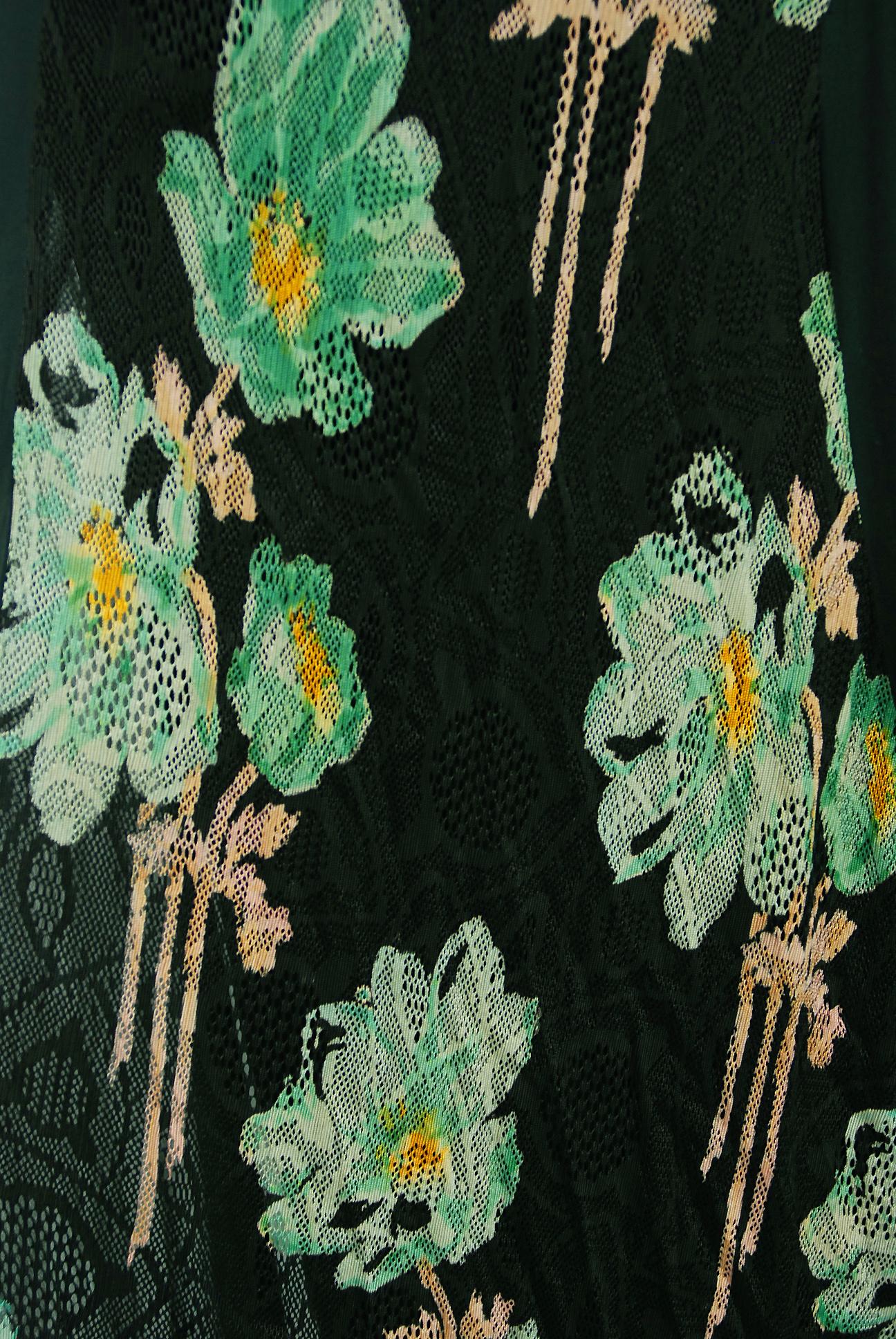 Vintage 1930's Green Black Floral Sheer Lace & Chiffon Bias-Cut Gown w/ Jacket 2