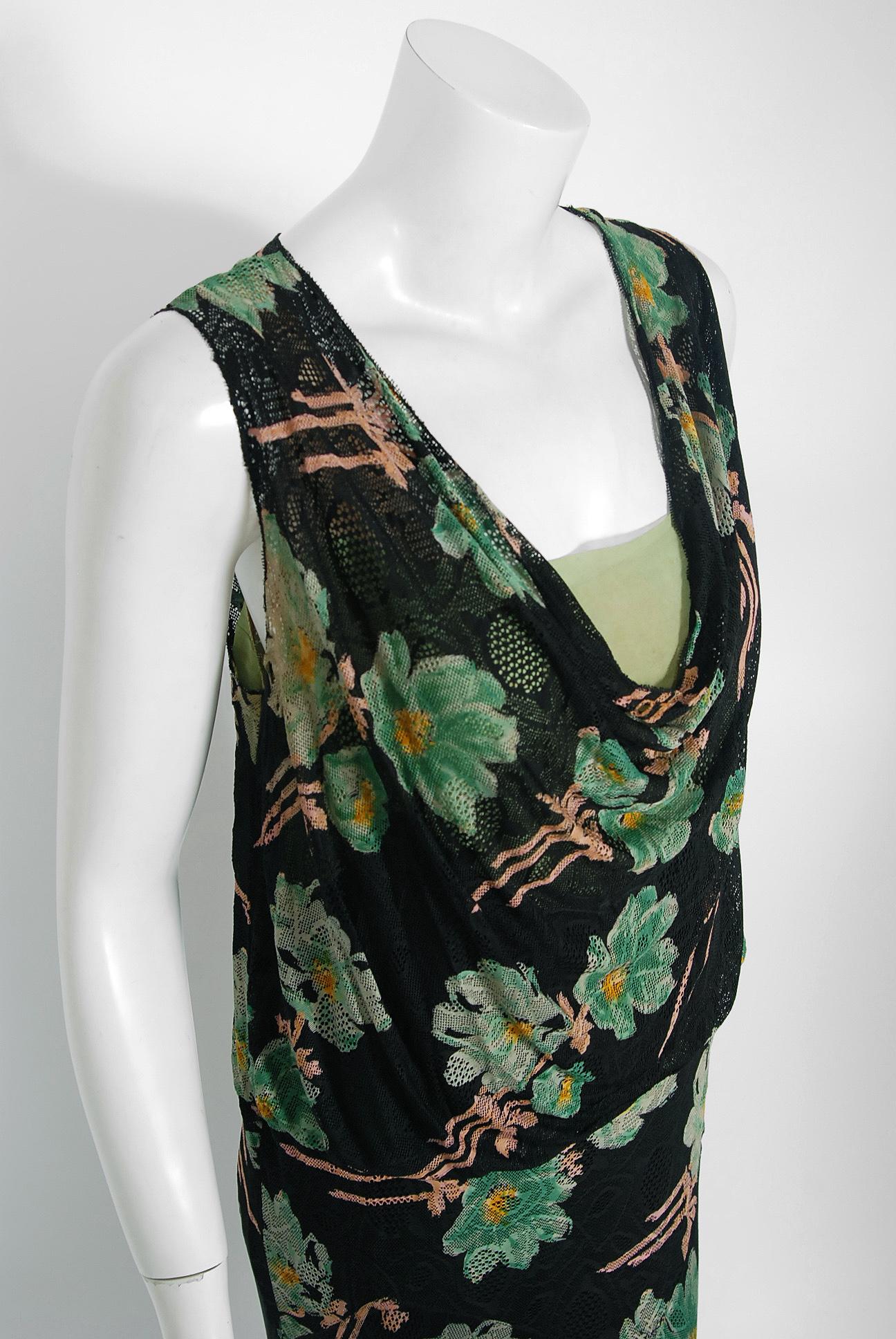 Vintage 1930's Green Black Floral Sheer Lace & Chiffon Bias-Cut Gown w/ Jacket 1