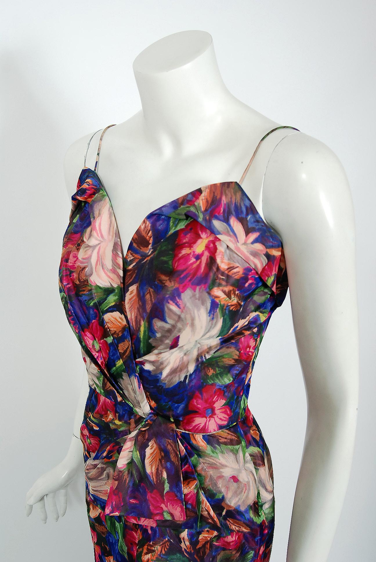 Vintage 1950's Ceil Chapman Watercolor Floral Silk Ruched Plunge Hourglass Gown In Good Condition In Beverly Hills, CA