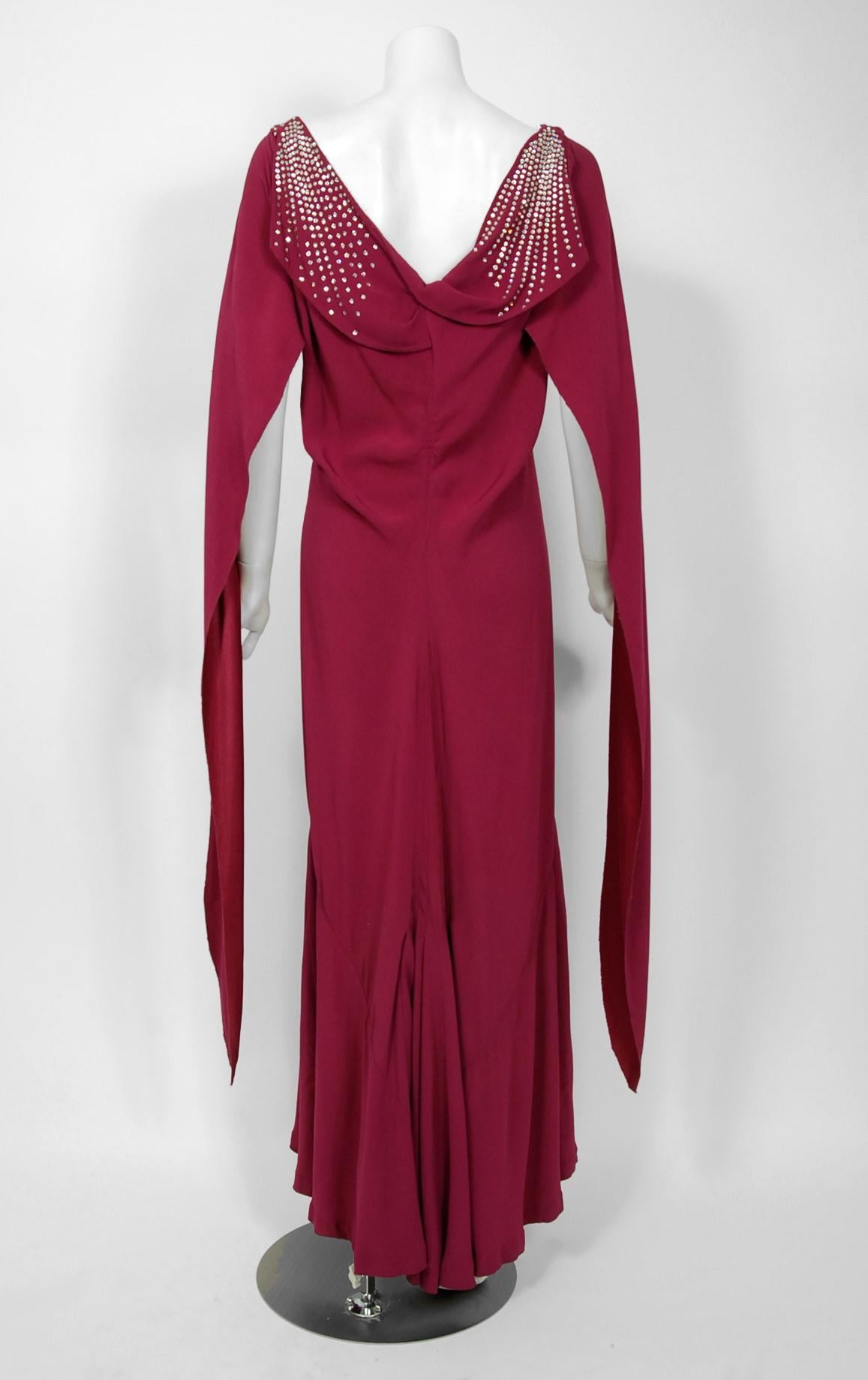 1930's Couture Rhinestone Studded Plum Crepe Winged Sleeve Bias-Cut Deco Gown 1