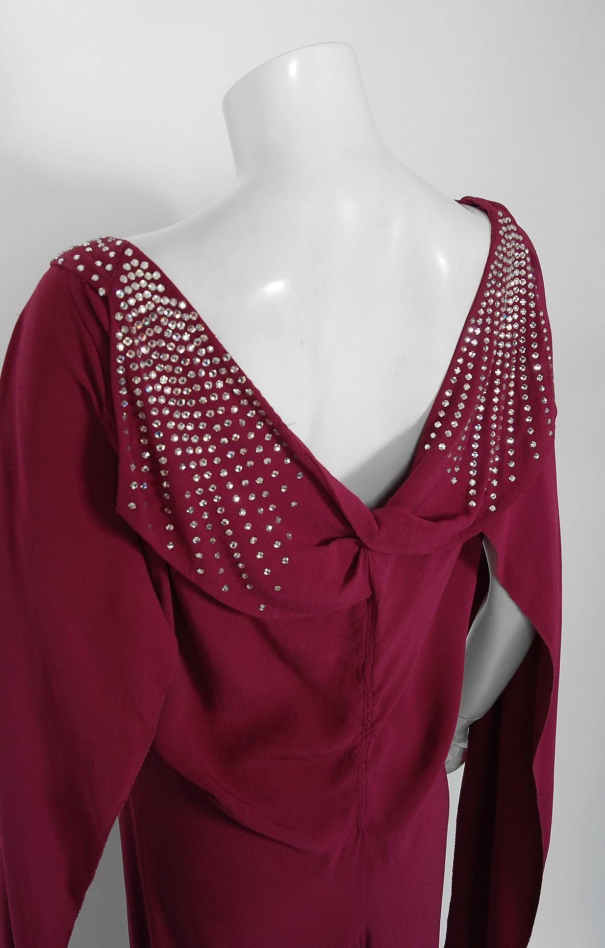 1930's Couture Rhinestone Studded Plum Crepe Winged Sleeve Bias-Cut Deco Gown 4