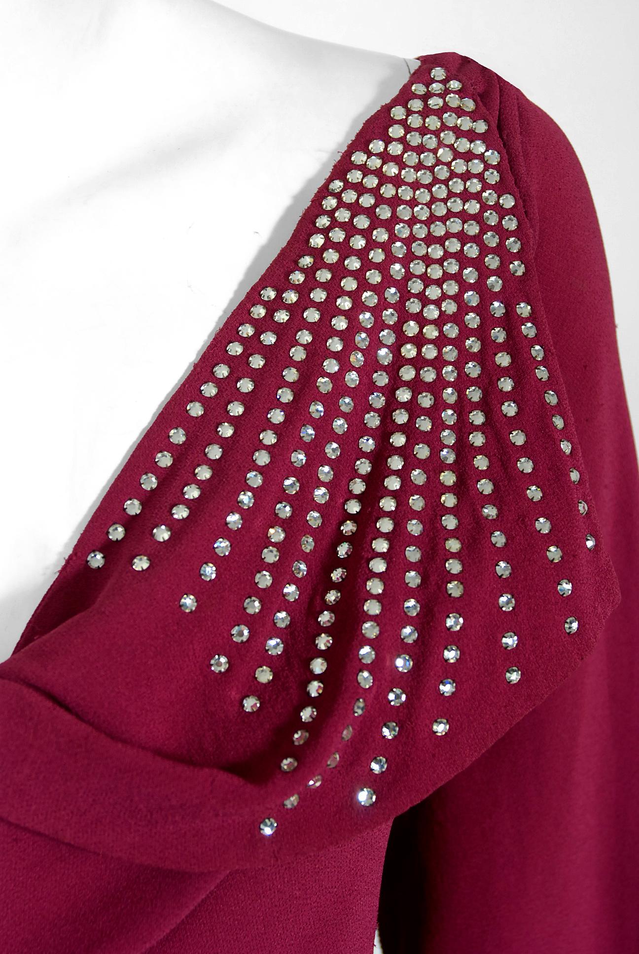 1930's Couture Rhinestone Studded Plum Crepe Winged Sleeve Bias-Cut Deco Gown 2