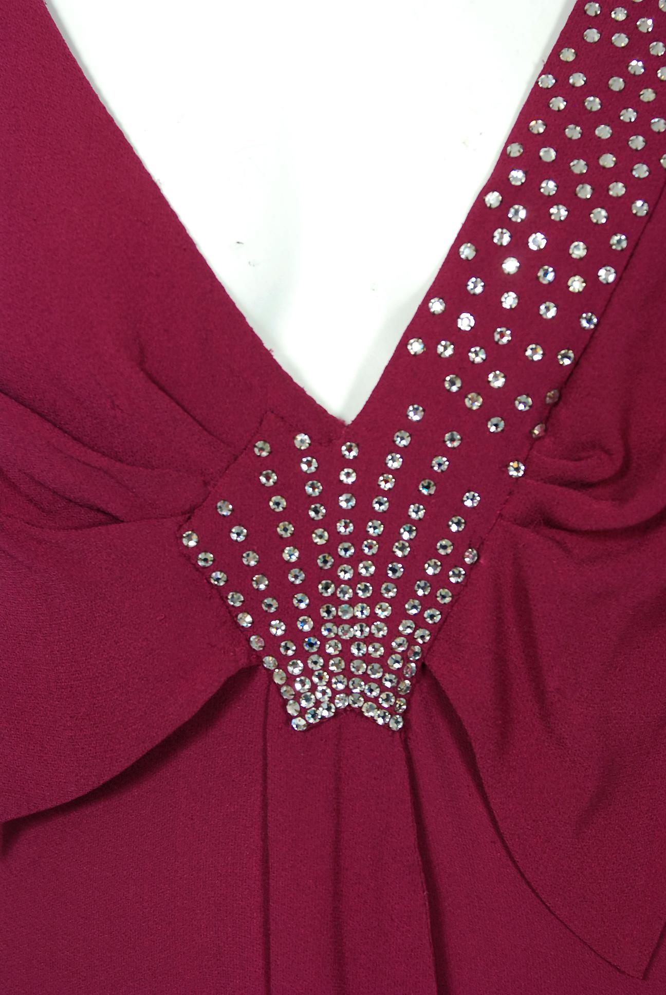 1930's Couture Rhinestone Studded Plum Crepe Winged Sleeve Bias-Cut Deco Gown In Excellent Condition In Beverly Hills, CA