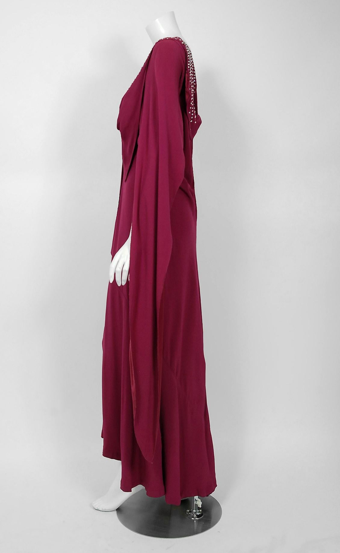 Women's 1930's Couture Rhinestone Studded Plum Crepe Winged Sleeve Bias-Cut Deco Gown