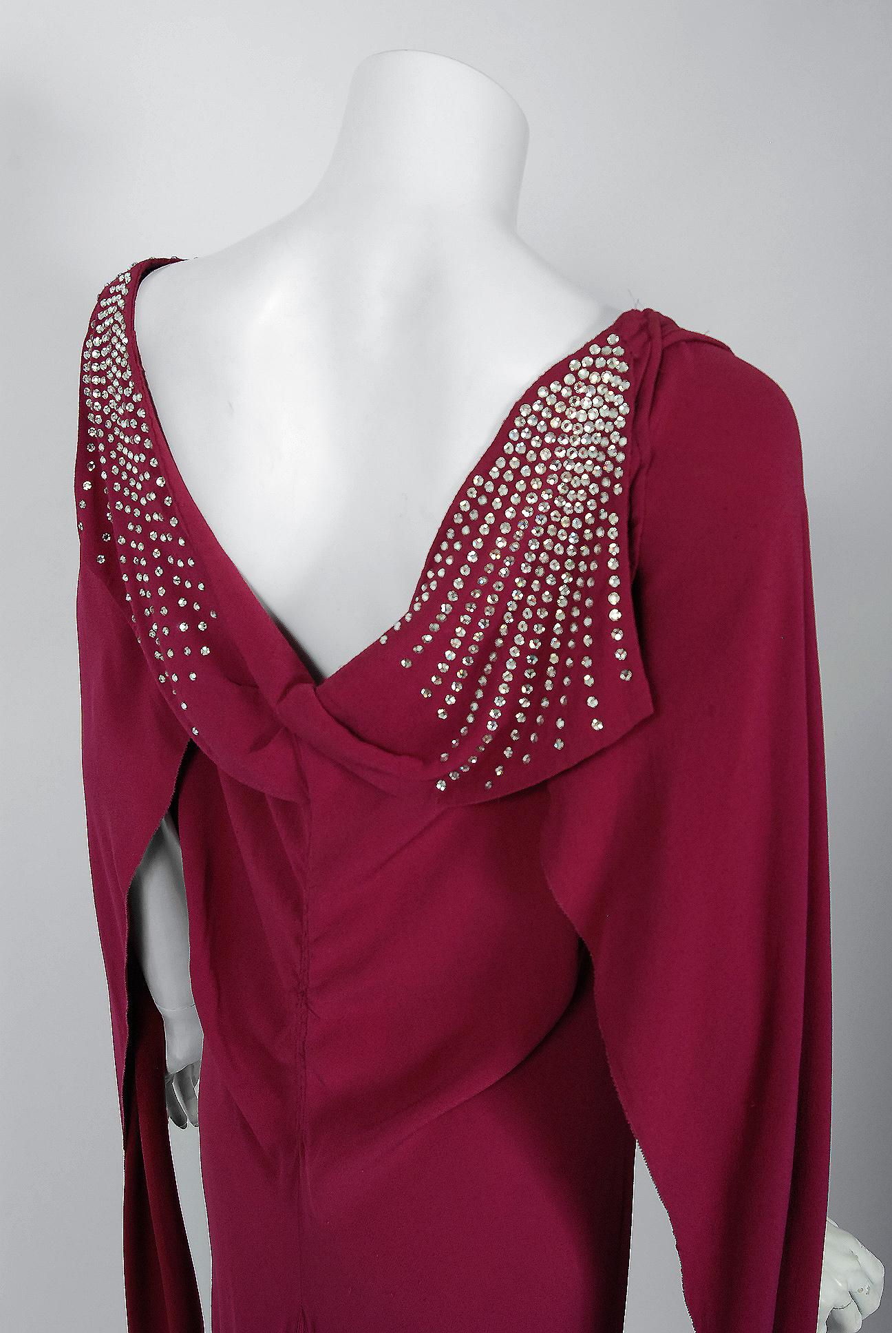 1930's Couture Rhinestone Studded Plum Crepe Winged Sleeve Bias-Cut Deco Gown 3