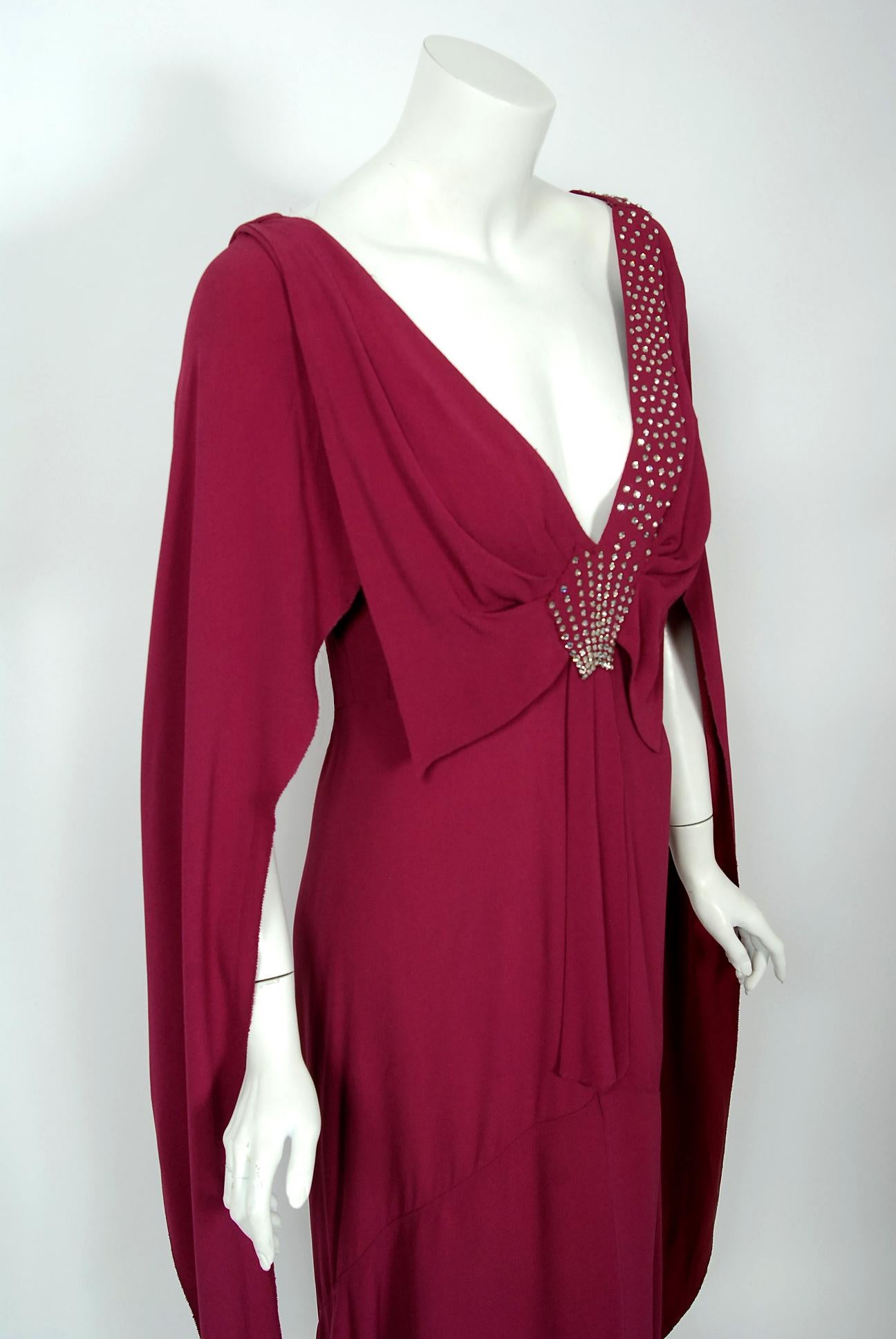 Red 1930's Couture Rhinestone Studded Plum Crepe Winged Sleeve Bias-Cut Deco Gown