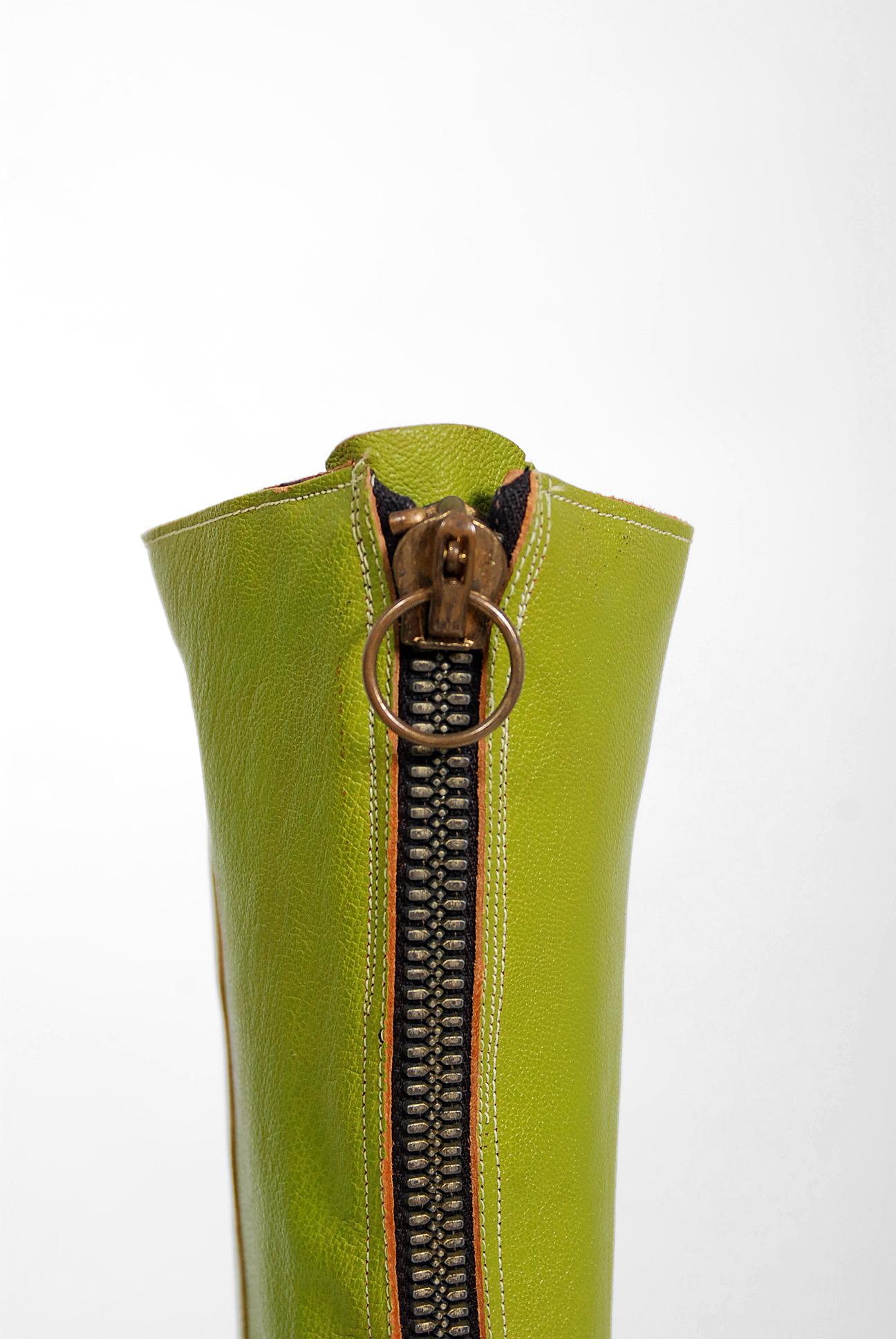 Brown 1960's Olive Green Leather Mod Zipper Back Flat Mid-Calf Designer Boots