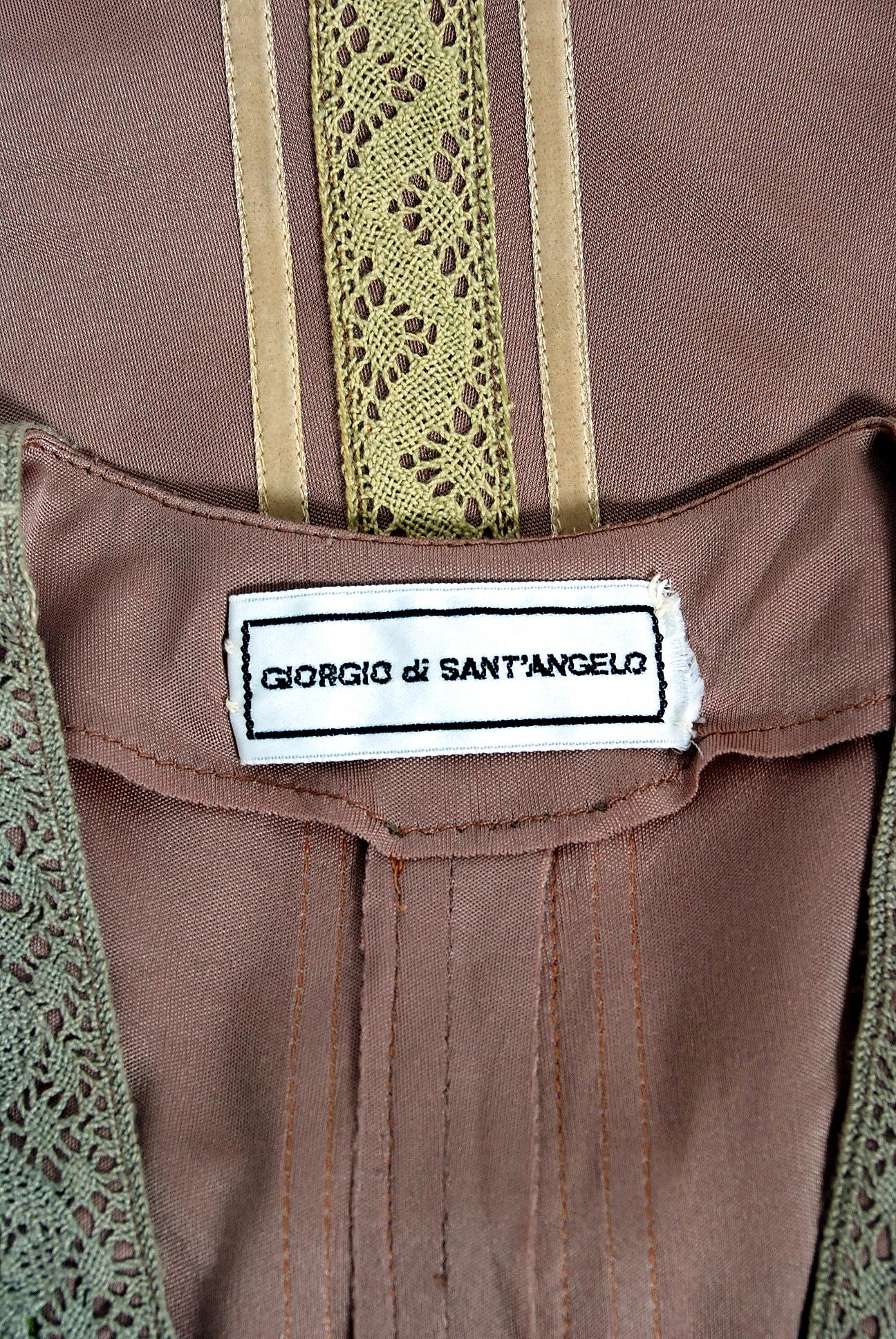 1975 Sant' Angelo Taupe Jersey Knit Ribbon Lace Applique Bohemian Maxi Dress 3