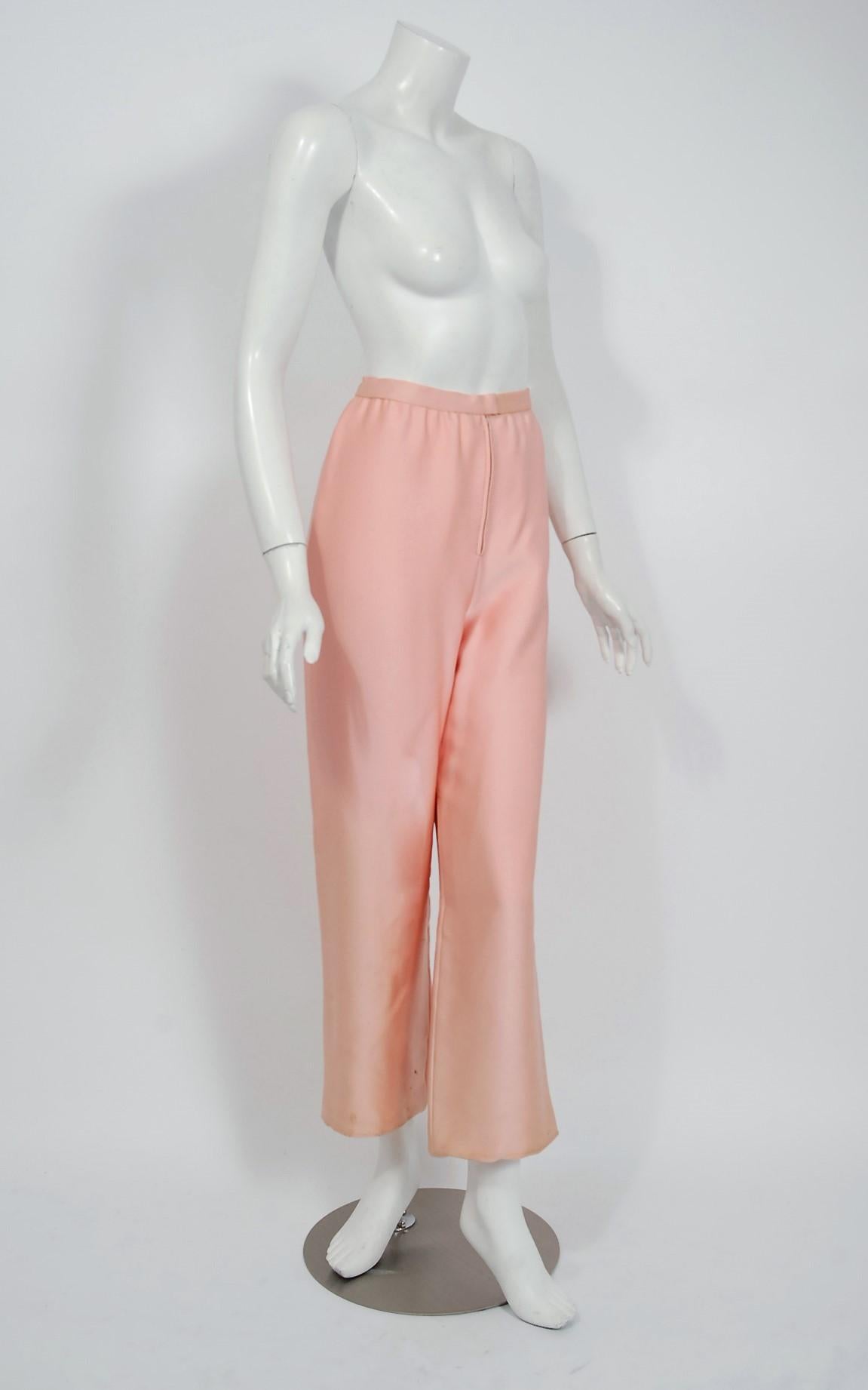 Women's 1968 Norman Norell Light-Pink Silk Jeweled Maltese Cross Belted Tunic Pantsuit 