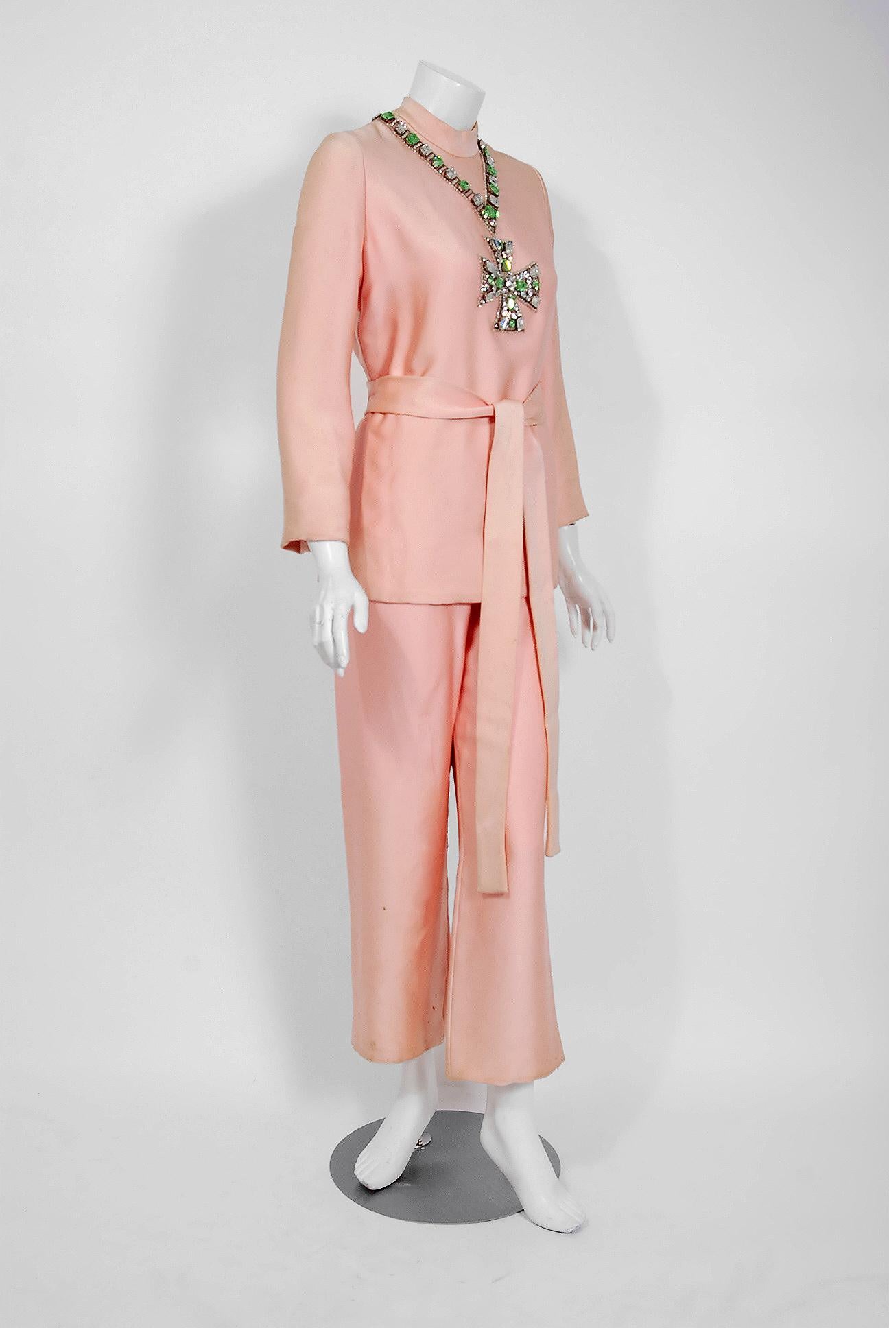 1968 Norman Norell Light-Pink Silk Jeweled Maltese Cross Belted Tunic Pantsuit  1