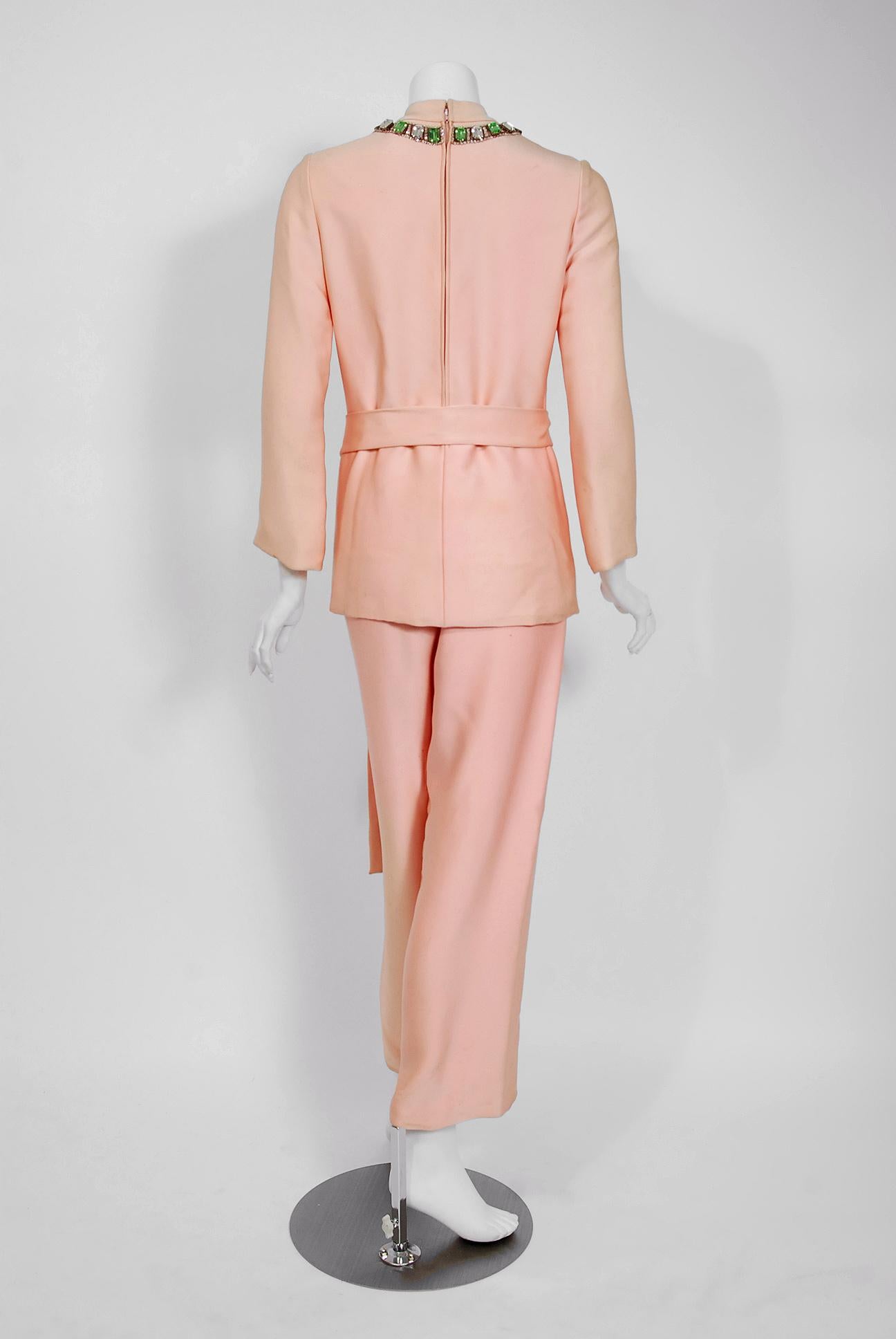 1968 Norman Norell Light-Pink Silk Jeweled Maltese Cross Belted Tunic Pantsuit  2