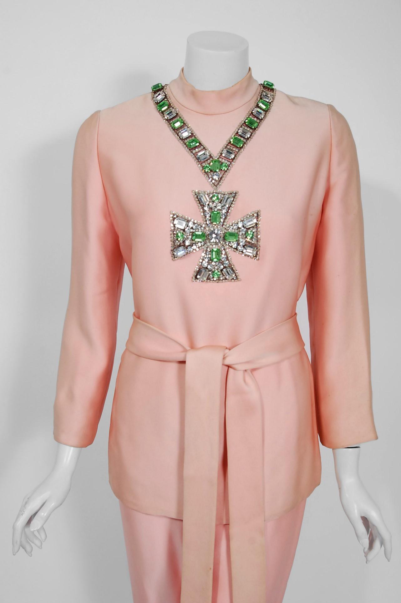 A breathtaking Norman Norell Couture pink silk three-piece pantsuit dating back to his iconic 1968 collection. As pictured, the identical ensemble was recently exhibited and also held in the premantly collection at The Metropolitan Museum of Art in