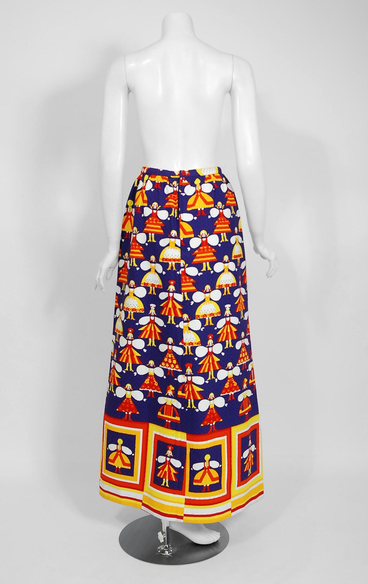 1977 Lanvin Paris Colorful Paper Dolls Novelty Print Pique Cotton Maxi Skirt 1