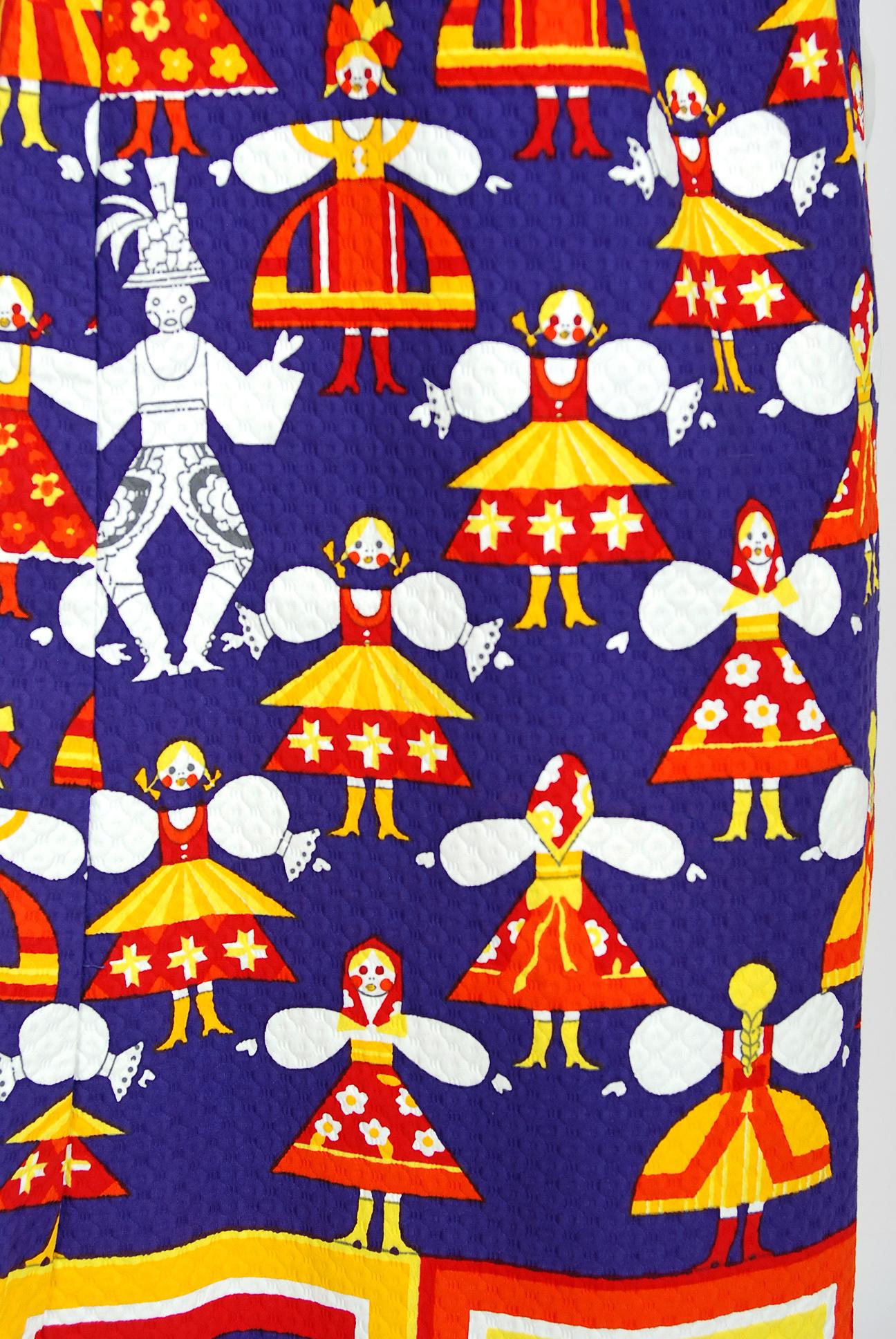 Beige 1977 Lanvin Paris Colorful Paper Dolls Novelty Print Pique Cotton Maxi Skirt