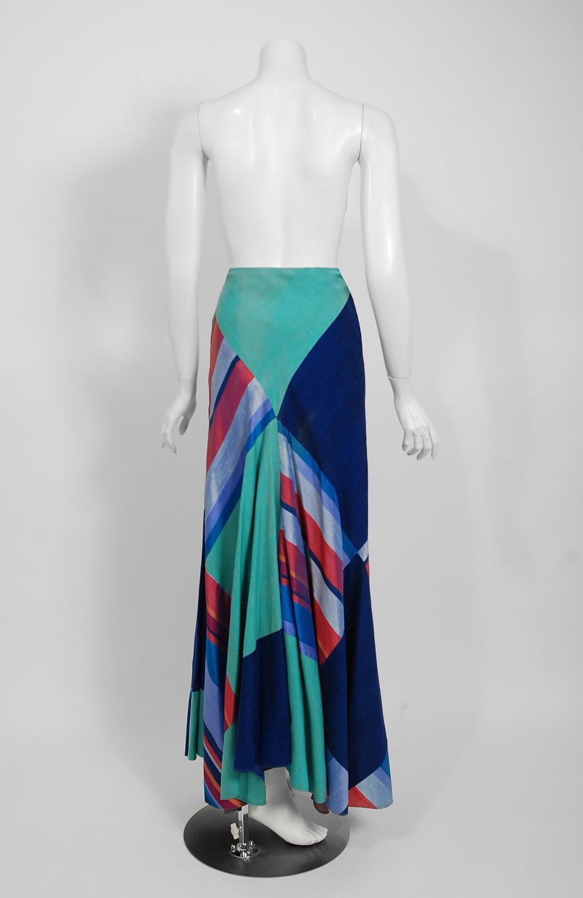 Women's 1970 Thea Porter Couture Colorful Patchwork Silk Bohemian Bias-Cut Maxi Skirt