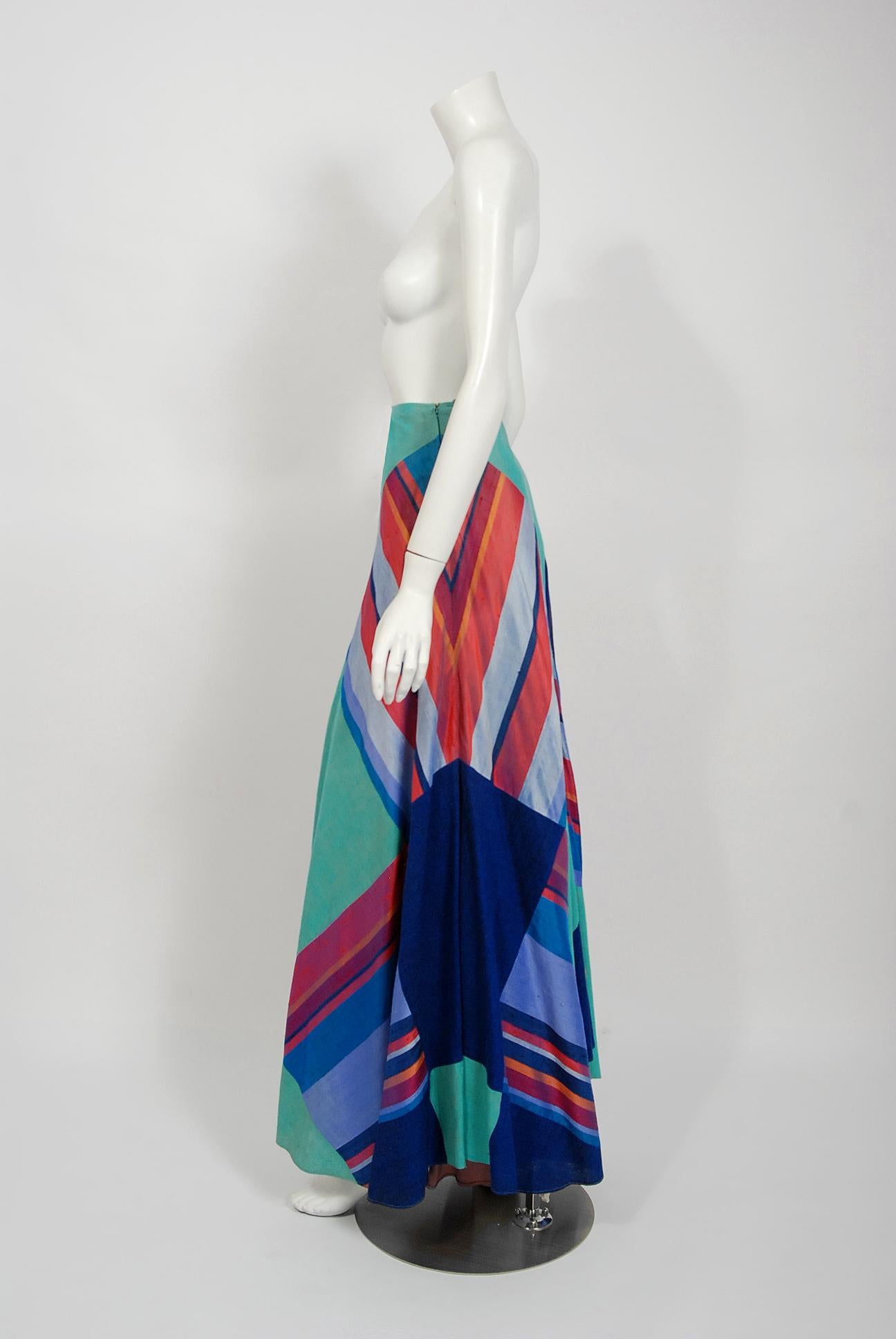 1970 Thea Porter Couture Colorful Patchwork Silk Bohemian Bias-Cut Maxi Skirt In Excellent Condition In Beverly Hills, CA