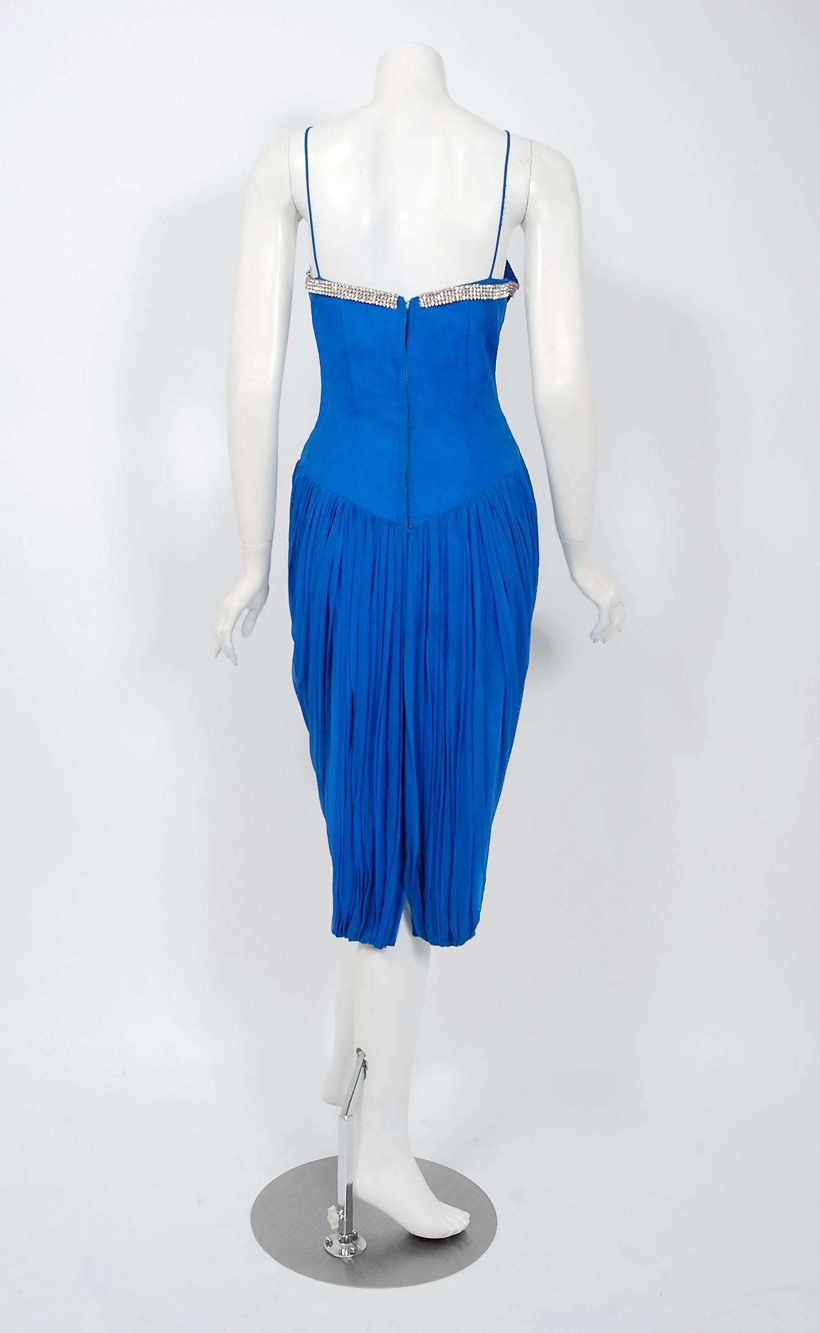 Vintage 1950's Lilli Diamond Sapphire Blue Chiffon Rhinestone Draped Dress  1