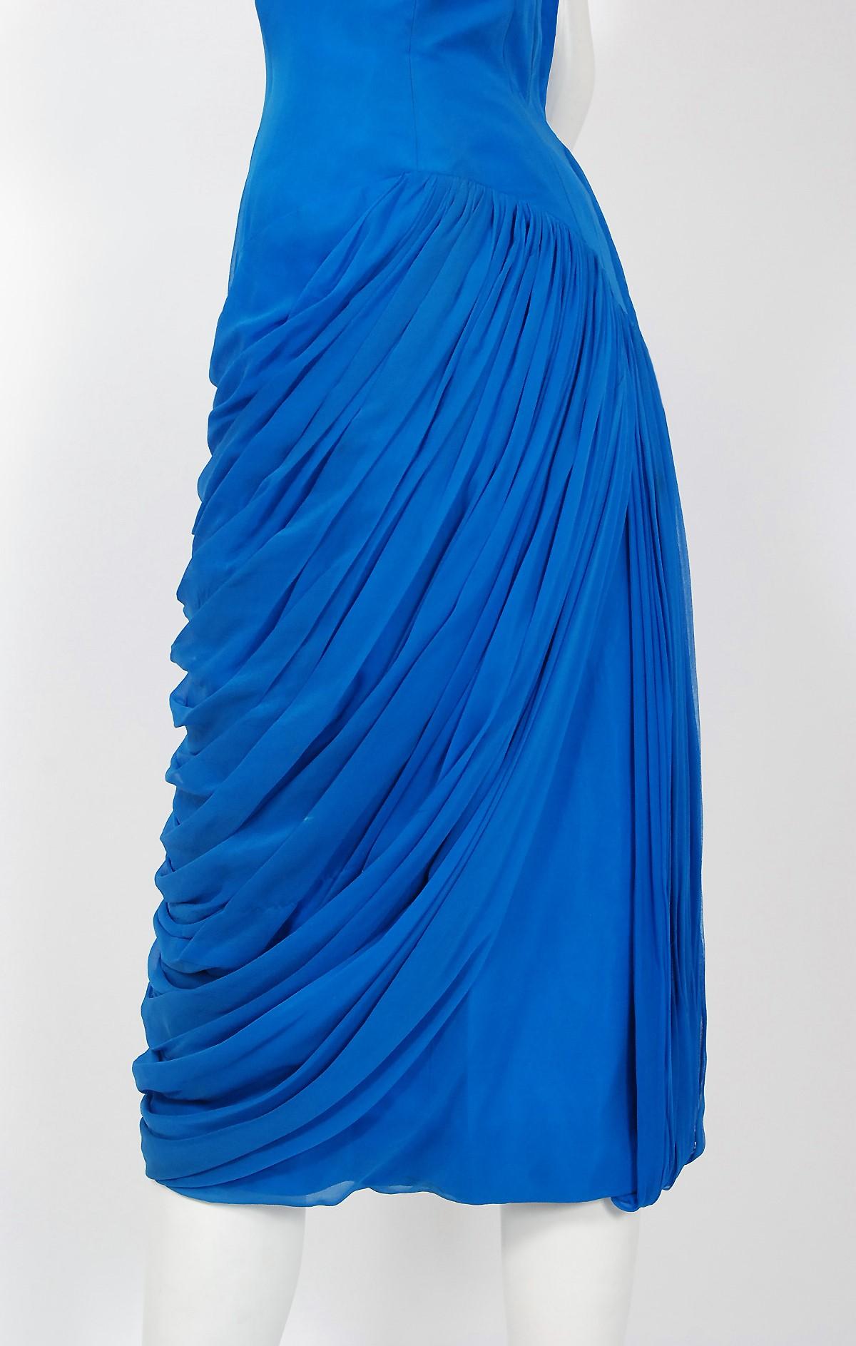 Women's Vintage 1950's Lilli Diamond Sapphire Blue Chiffon Rhinestone Draped Dress 