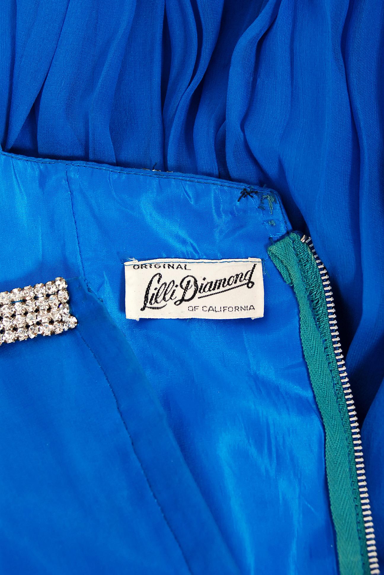 Vintage 1950's Lilli Diamond Sapphire Blue Chiffon Rhinestone Draped Dress  2