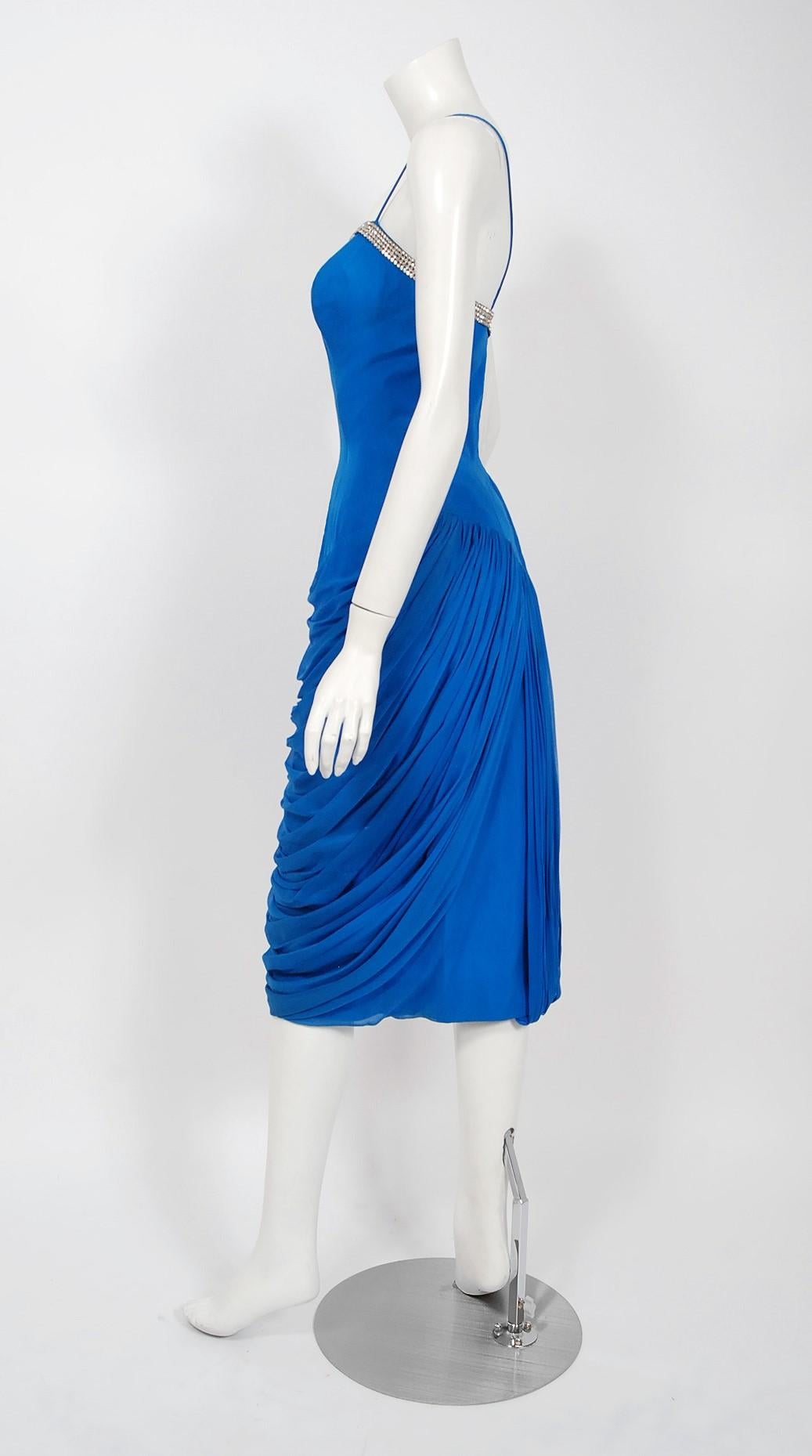 Vintage 1950's Lilli Diamond Sapphire Blue Chiffon Rhinestone Draped Dress  In Good Condition In Beverly Hills, CA