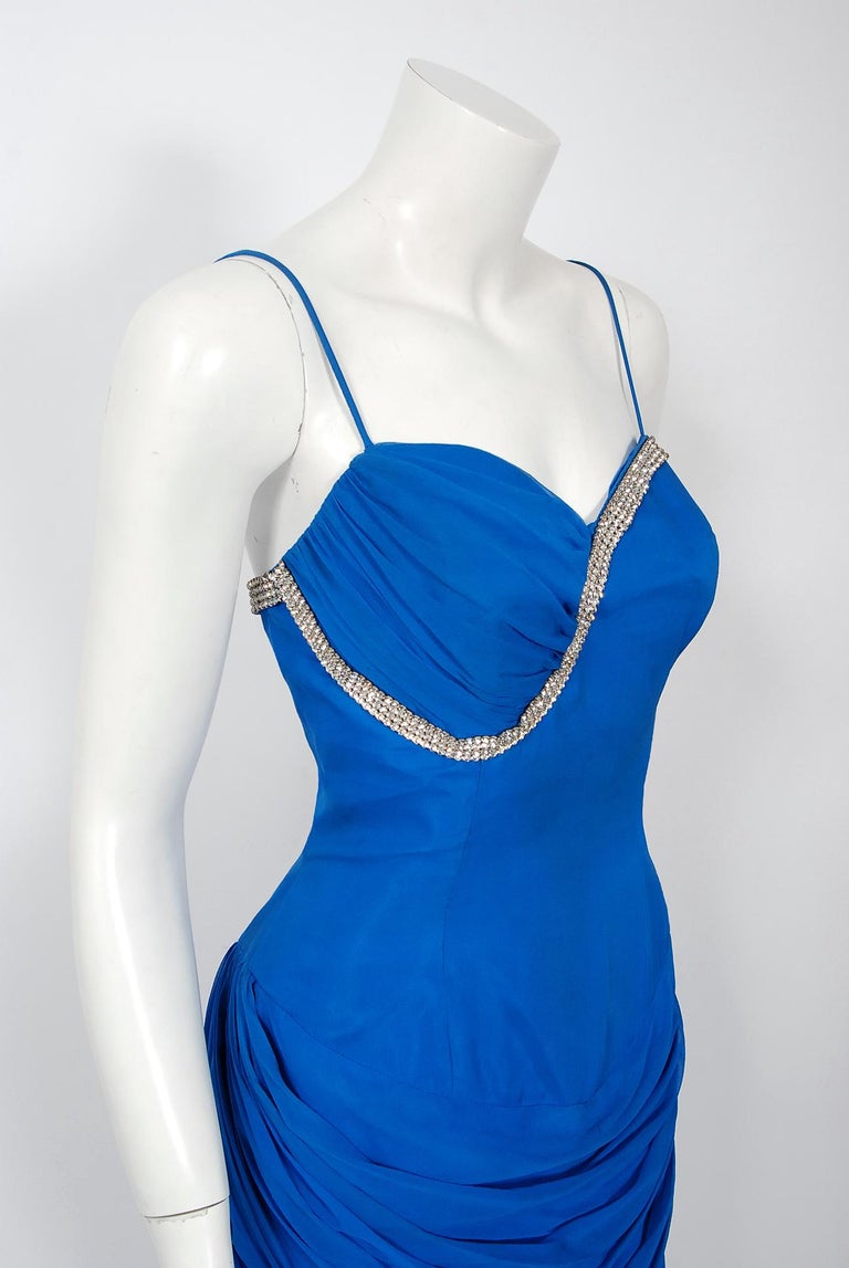 Vintage 1950's Lilli Diamond Sapphire Blue Chiffon Rhinestone Draped