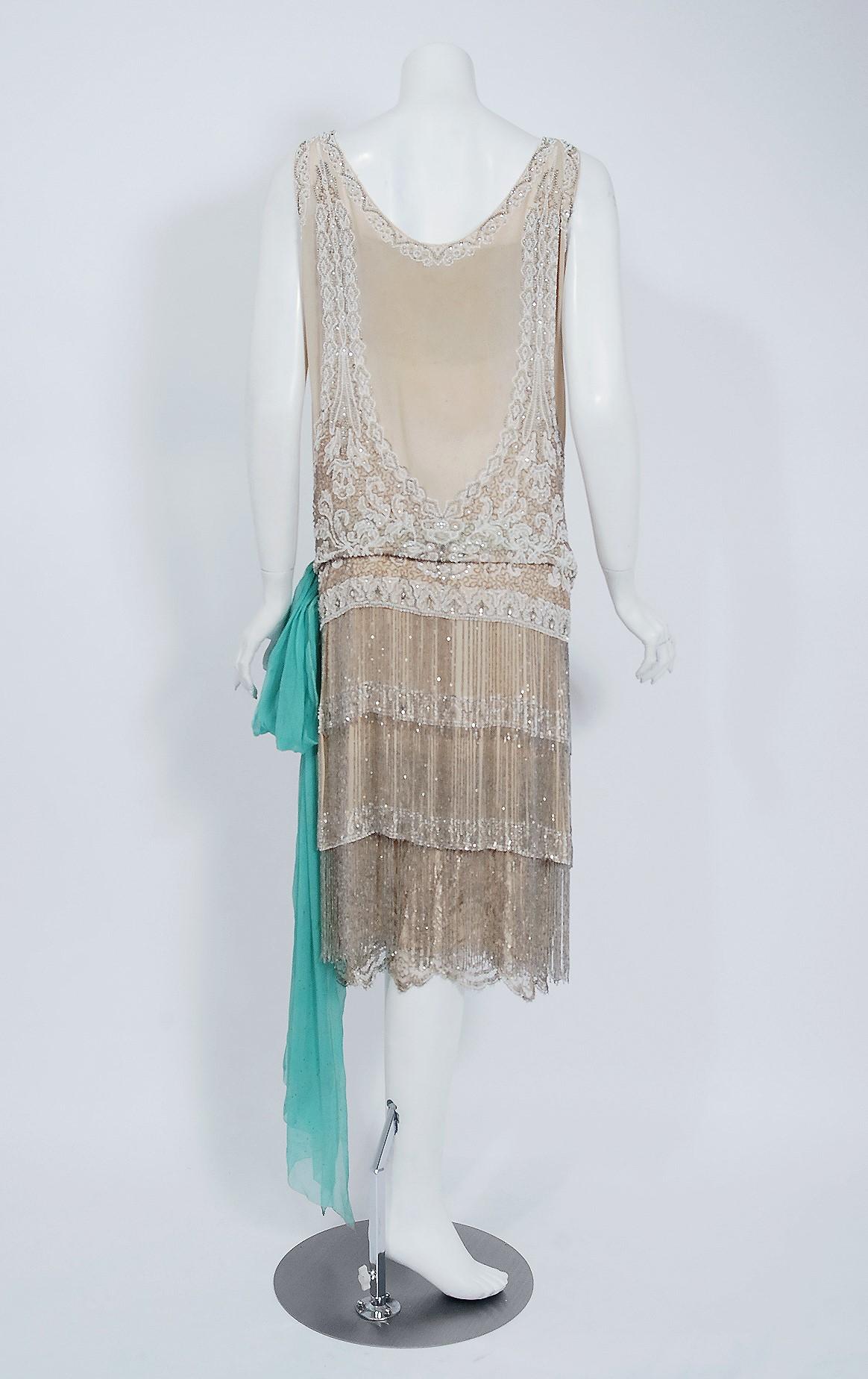 French Couture Beaded Fringe Chiffon Metallic Gold Lace Flapper Dress, 1920s  5