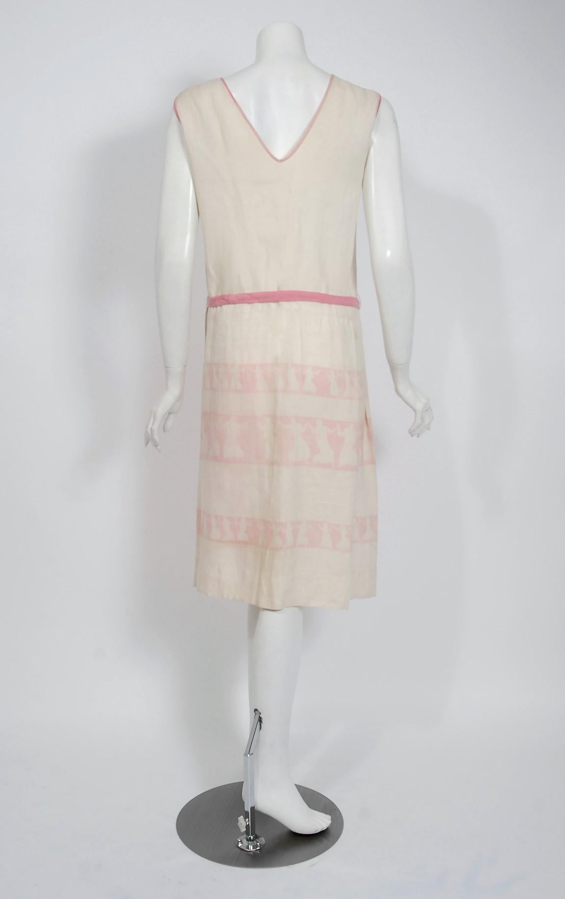 1920's Dancing Ladies Novelty Print Pink & Ivory Linen Cut-Out Deco Day Dress  3