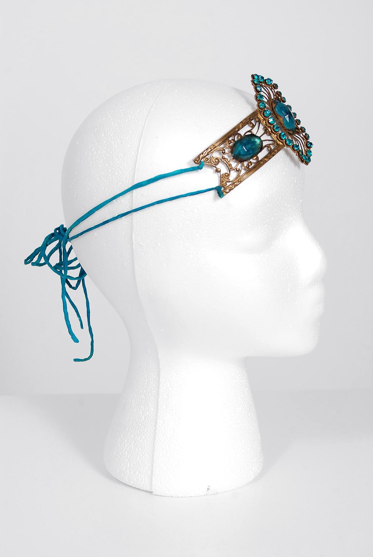 Women's or Men's 1920's French Teal Blue Jeweled Gold Brass Art-Deco Flapper Headpiece